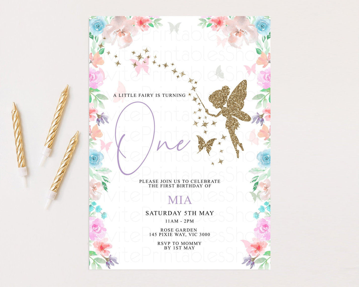 Fairy Birthday Invitation Glitter Fairy Invite Enchanted Garden Fairy Invite Pastel Floral Invite Butterfly Garden Invite 1st 2nd P113