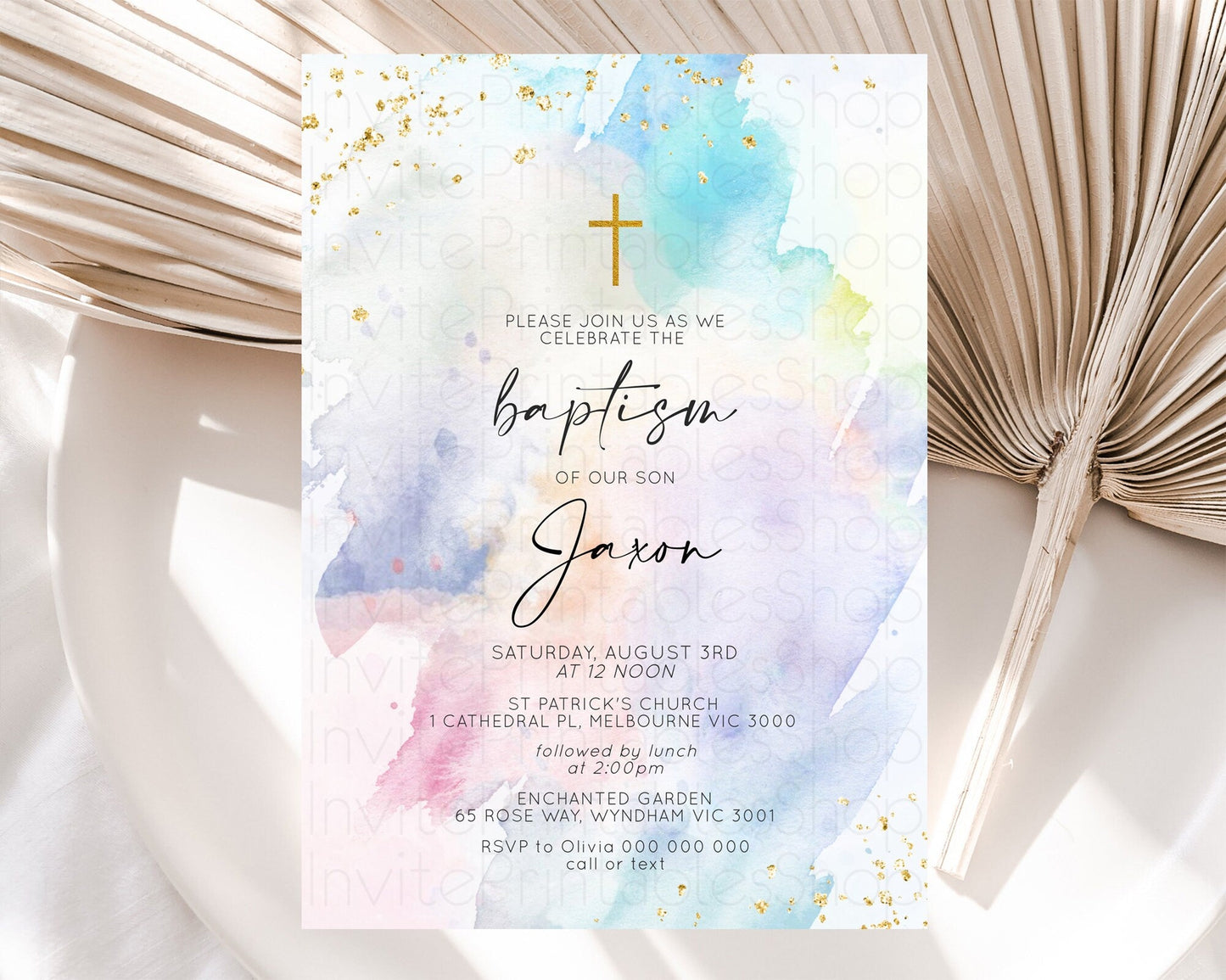 Pastel Baptism Invitation Pastel Colors Watercolor Baptism 1st Birthday Party Gold Ombre Pastel Rainbow Christening Holy Communion D10420
