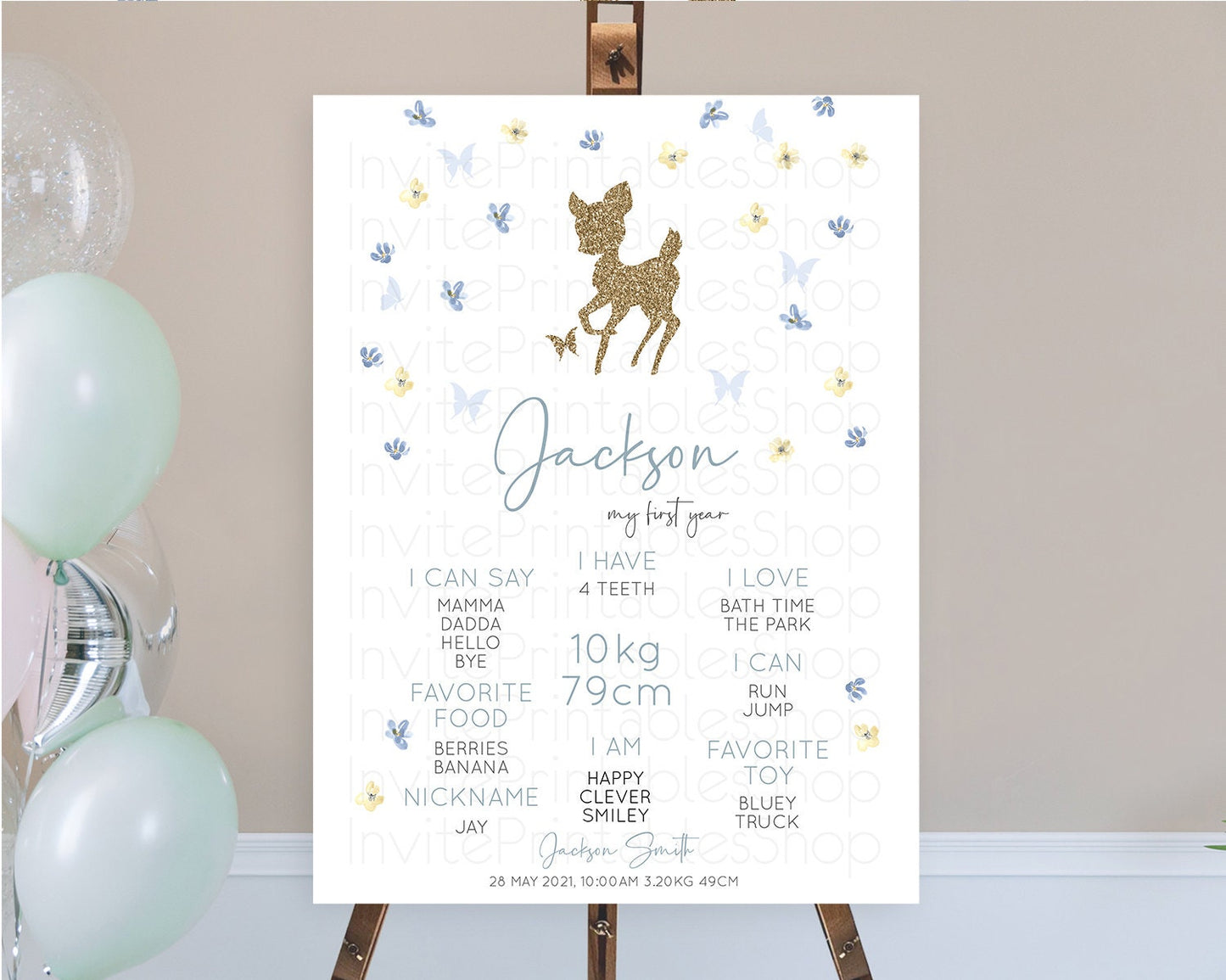 Fawn First Birthday Milestone Board Deer First Birthday Milestone Poster Enchanted Forest Butterfly Pastel Flowers 1st Birthday Sign D10864