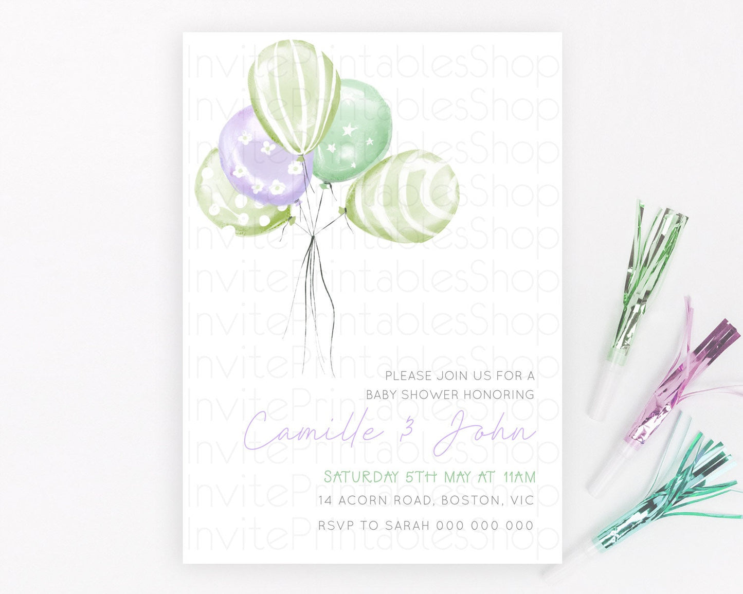 Pastel Green and Purple Balloon Baby Shower Invitation Pastel Balloon Invitation Pastel Green and Purple Balloon Baby Shower Theme d22998