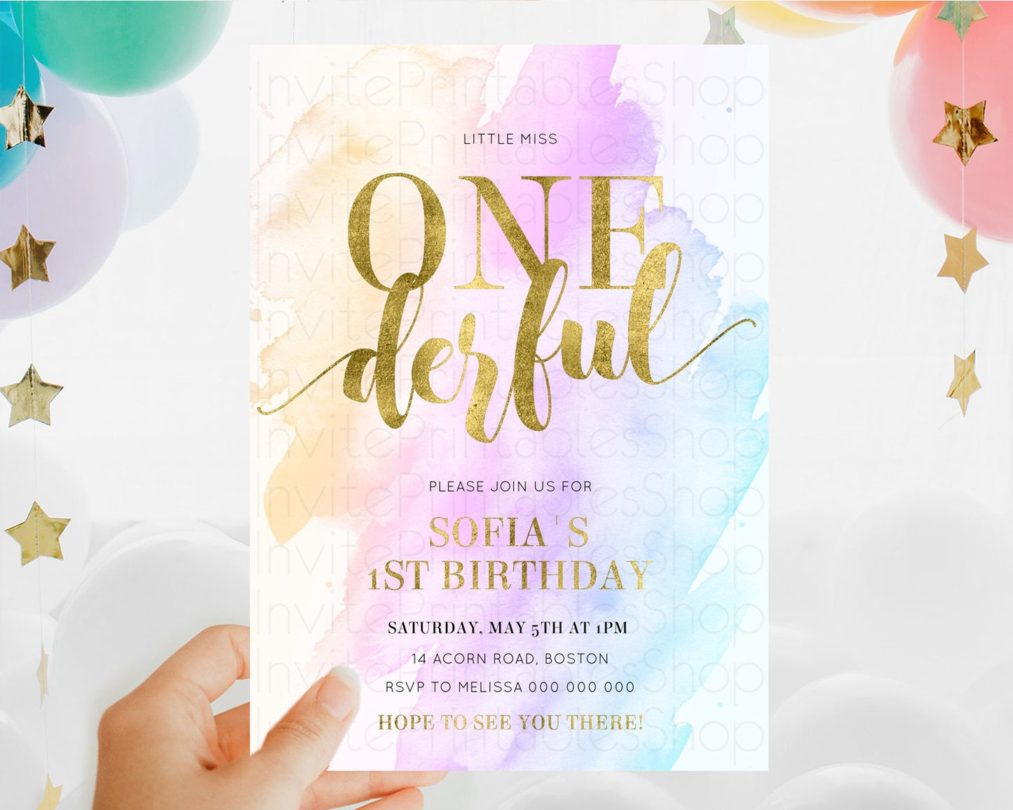 ONEderful Rainbow Birthday Invitation Colorful Pastel Watercolor Invitation Gold Glitter Sprinkles Ombre Pastel 1st Birthday D11027