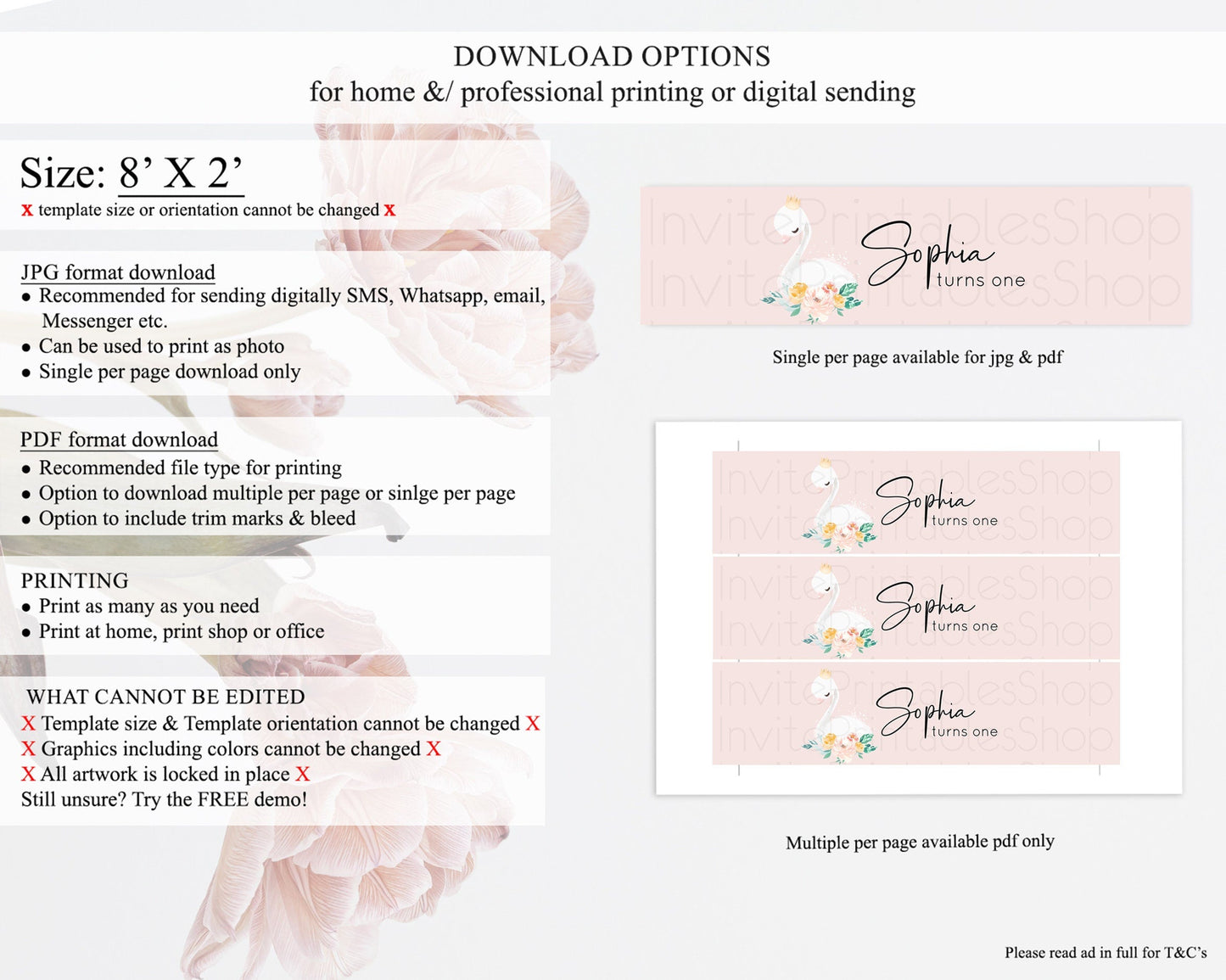Swan Water Label Template Swan Princess Ballet Party Decor Enchanted Secret Garden Pastel Floral Birthday Baptism Baby Shower D10388