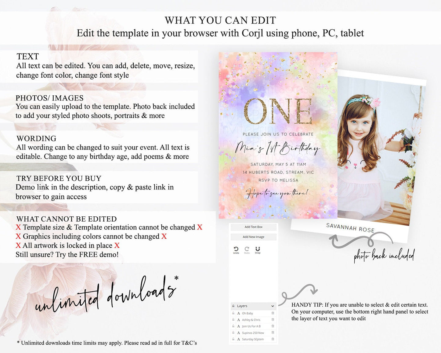Rainbow Birthday Invitation Colorful Pastel Watercolor Invitation Gold Glitter Sprinkles Ombre Pastel 1st 2nd 3rd Birthday D10610