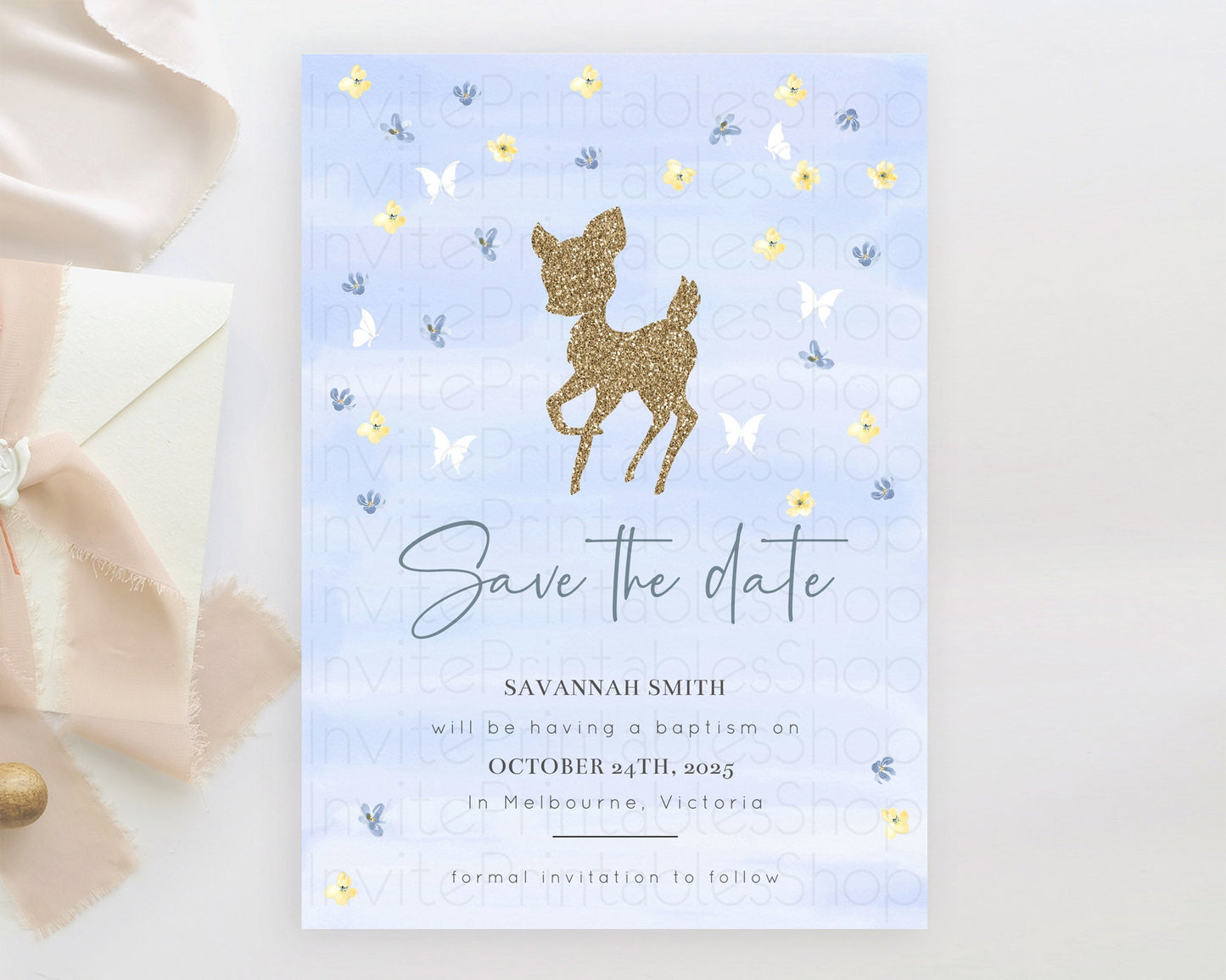 Fawn Deer Save The Date Template Pastel Floral Deer Enchanted Forest Butterfly Party 1st Birthday Baptism Baby Shower Bridal Shower D10863