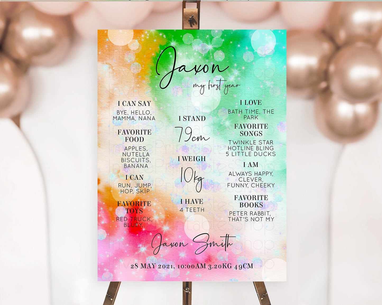 Rainbow First Birthday Milestone Poster Colorful Pastel Watercolor Iridescent Sprinkles Ombre Pastel Milestone Board First Birthday D10691