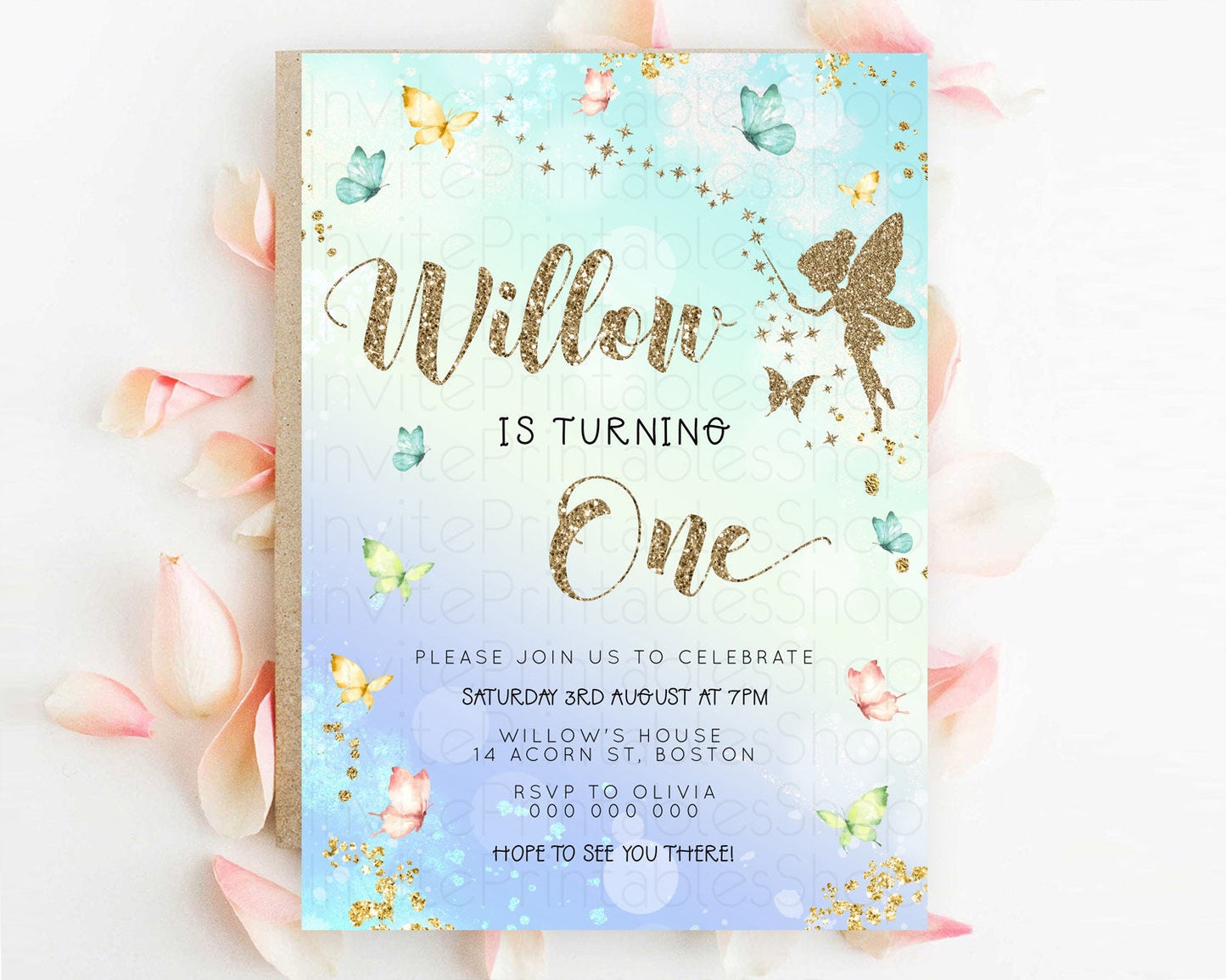 Pastel Fairy Birthday Invitation Pastel Butterflies Fairy Birthday Invitation Rainbow Ombre Watercolor 1st 2nd Birthday Invitation D23153