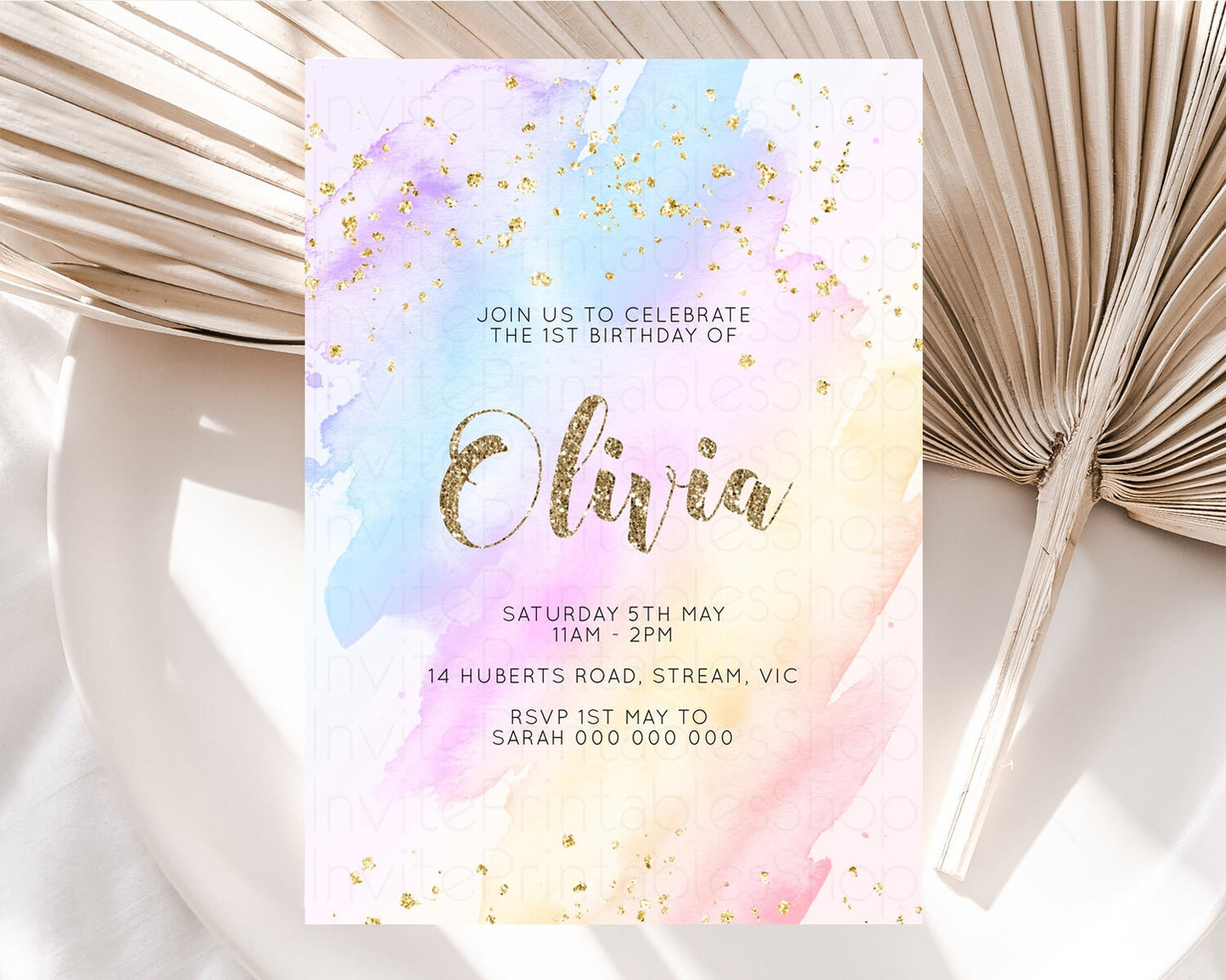 Rainbow Birthday Invitation Glitter Pastel Invitation Colorful Watercolor Gold Foil Splatter Sprinkle Ombre 1st 2nd 3rd Birthday Invite g600