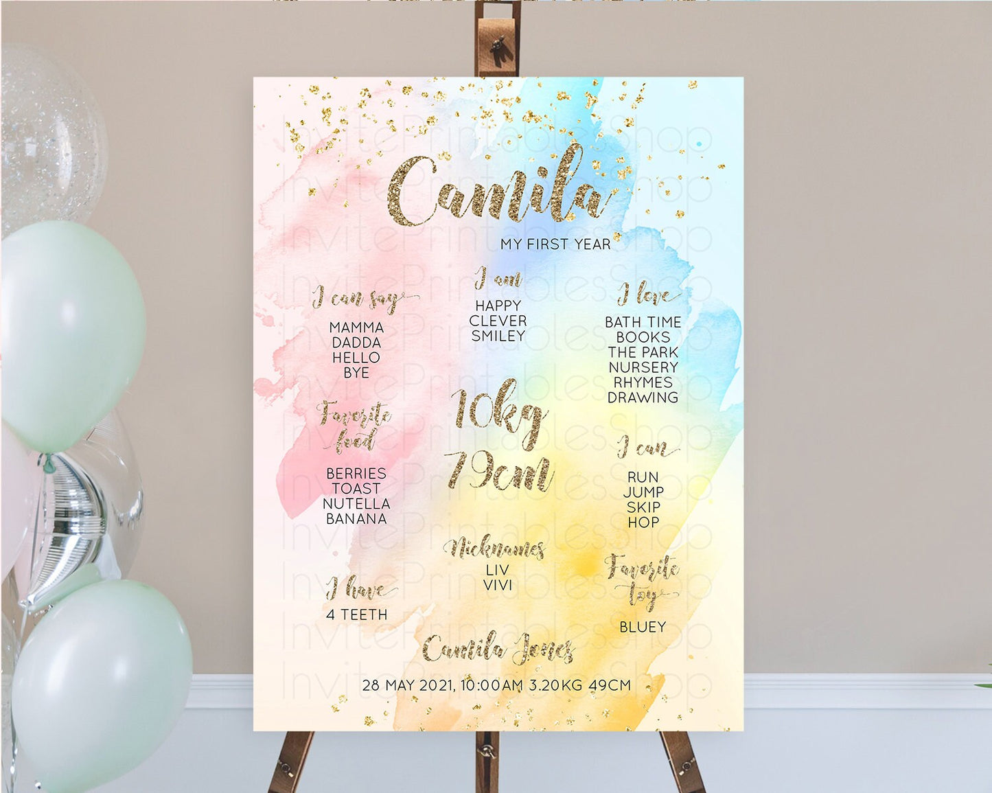 Pastel First Birthday Milestone Board Pastel Rainbow Milestone Poster Colorful Confetti Watercolor Glitter 1st Birthday Welcome Sign D10556