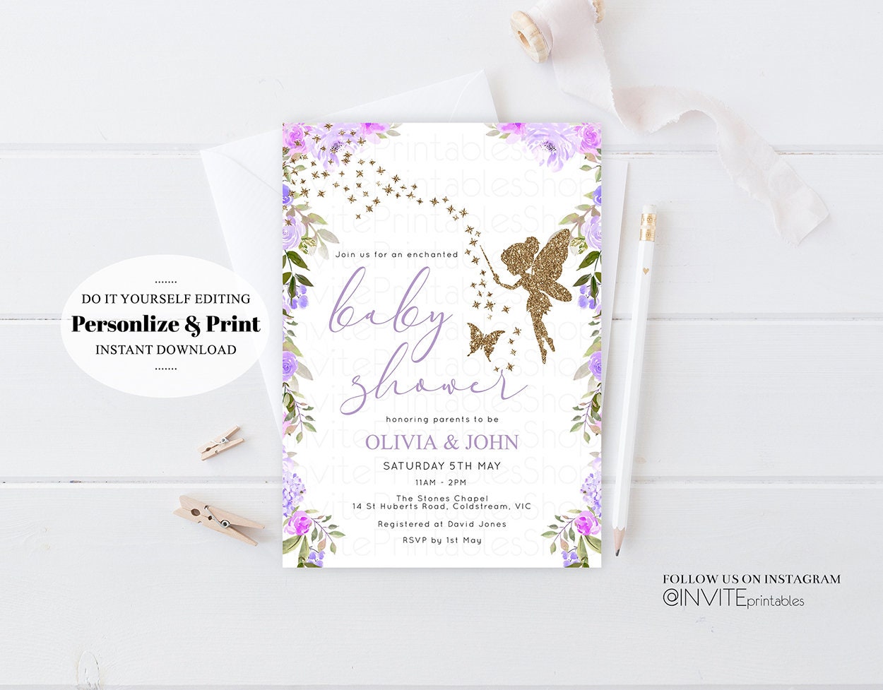 Fairy Baby Shower Invitation Enchanted Baby Shower Bell Enchanted Gold Glitter Pixie Sprinkle Twinkle Stars Purple Flowers White 47