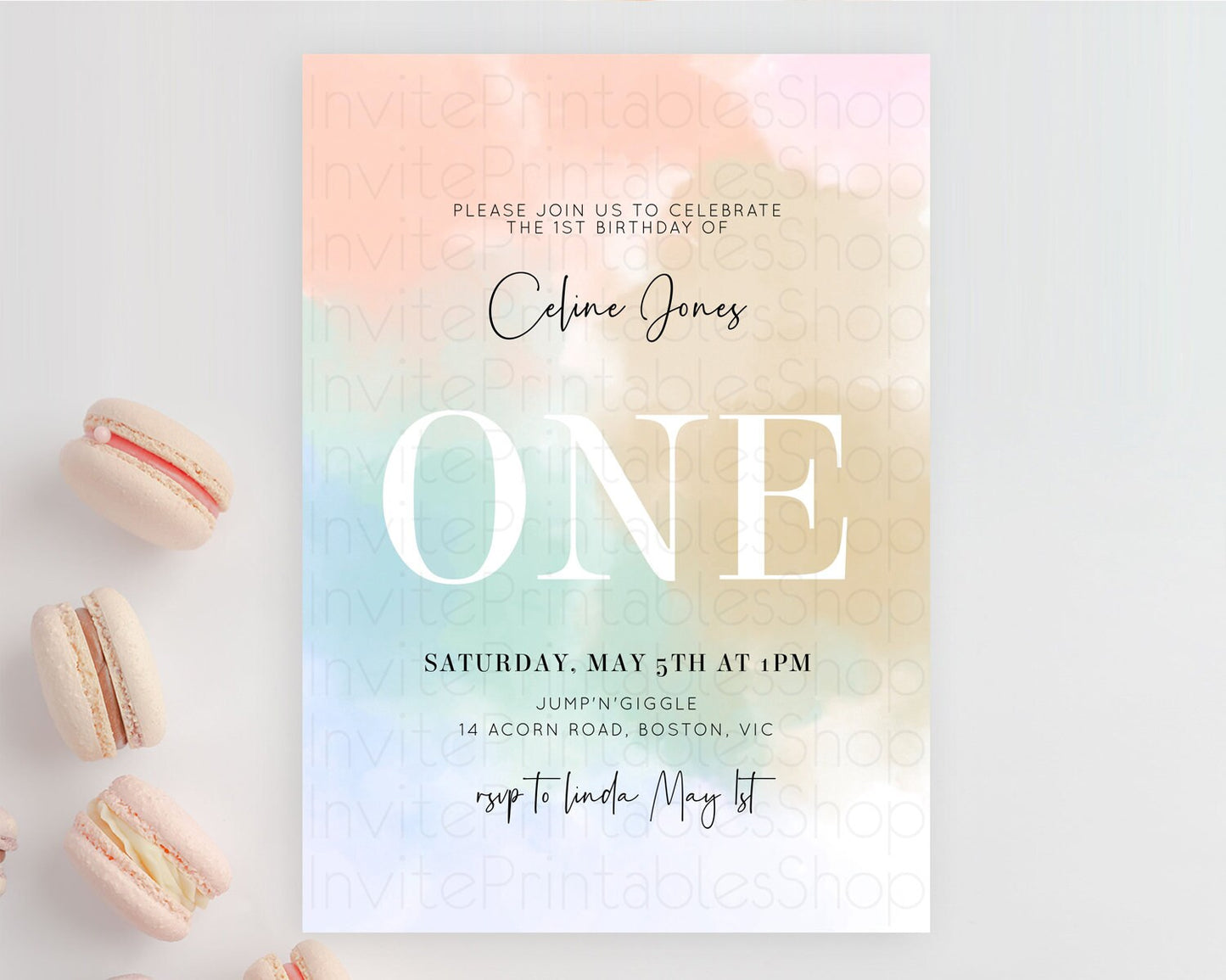 Editable Rainbow Birthday Invitation Colorful Pastel Watercolor Invitation G