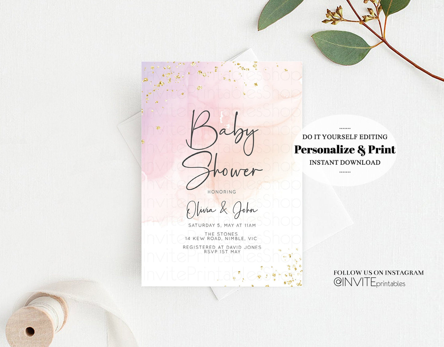 Pastel Pink Baby Shower Invitation Watercolor Ink Gold Glitter Foil Sprinkles Confetti Splash It's a Girl Invite Editable Instant Download