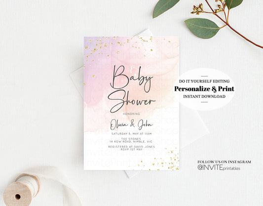 Pastel Pink Baby Shower Invitation Watercolor Ink Gold Glitter Foil Sprinkles Confetti Splash It's a Girl Invite Editable Instant Download
