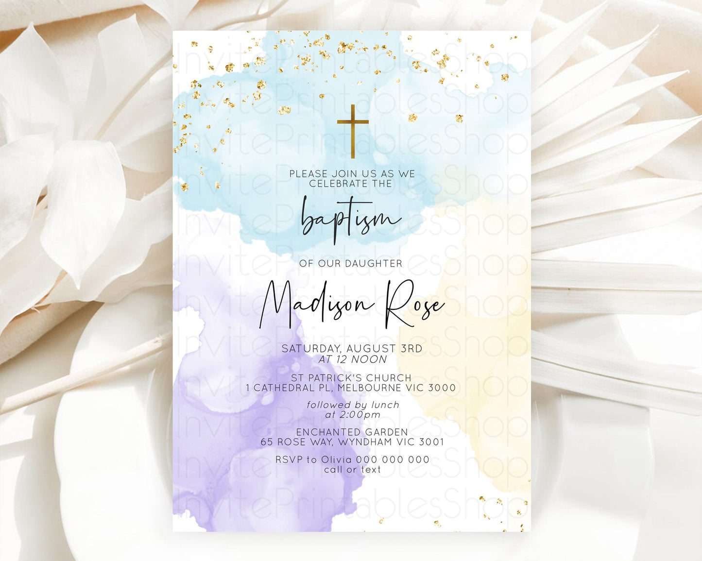 Pastel Baptism Invitation Pastel Colors Watercolor Baptism 1st Birthday Party Gold Ombre Pastel Rainbow Christening Holy Communion D10208