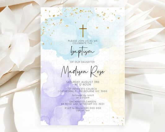 Pastel Baptism Invitation Pastel Colors Watercolor Baptism 1st Birthday Party Gold Ombre Pastel Rainbow Christening Holy Communion D10208