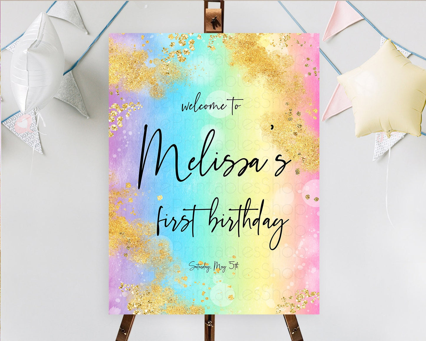 Pastel Welcome Sign Pastel Rainbow Welcome Sign Colorful Rainbow Confetti Watercolor Glitter Pastel First Birthday Welcome Sign D10559