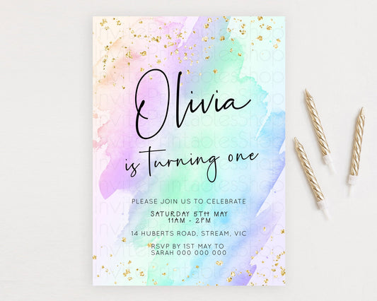 Pastel Birthday Invitation Ombre Watercolor Birthday Invitation Glitter Rainbow Color Splash 1st 2nd 3rd Birthday Invitation D23053