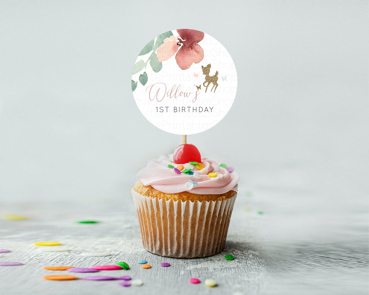 Fawn Cupcake Toppers Deer Cupcake Toppers Enchanted Forest Party Butterfly Pastel Flowers Woofland Cupcake Toppers First Birthday D10459