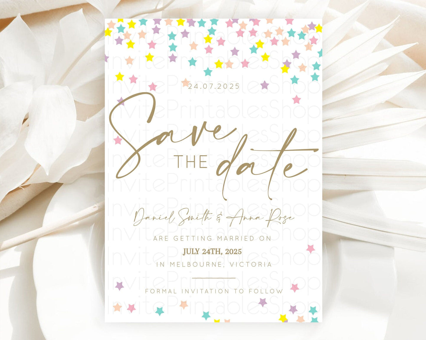 Twinkle Stars Save The Date Template Pastel Twinkle Little Star Party Shooting Star Confetti Sprinkles Birthday Baptism Baby Shower D10601