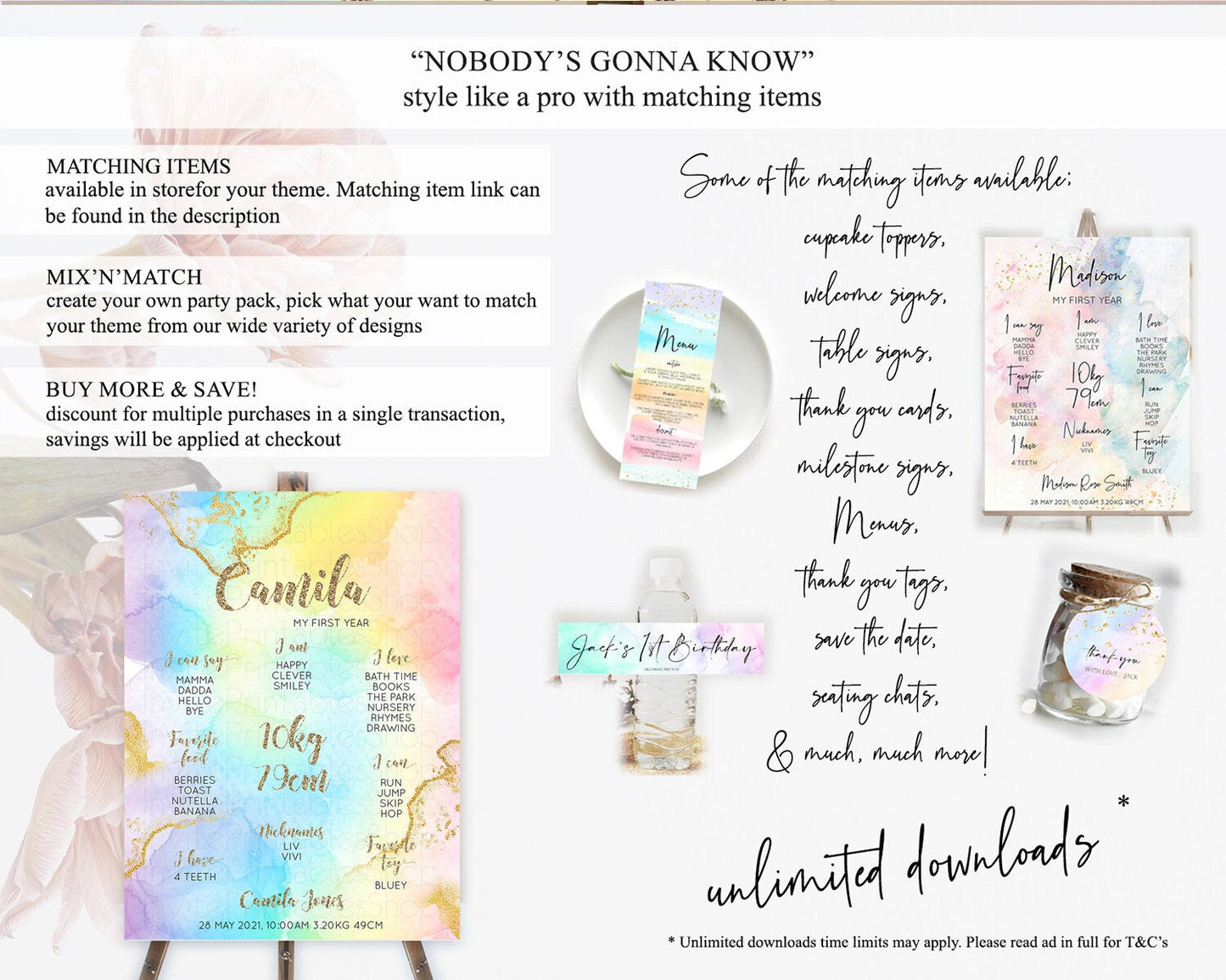 Pastel First Birthday Milestone Board Pastel Rainbow Milestone Poster Colorful Confetti Watercolor Glitter 1st Birthday Welcome Sign D10589