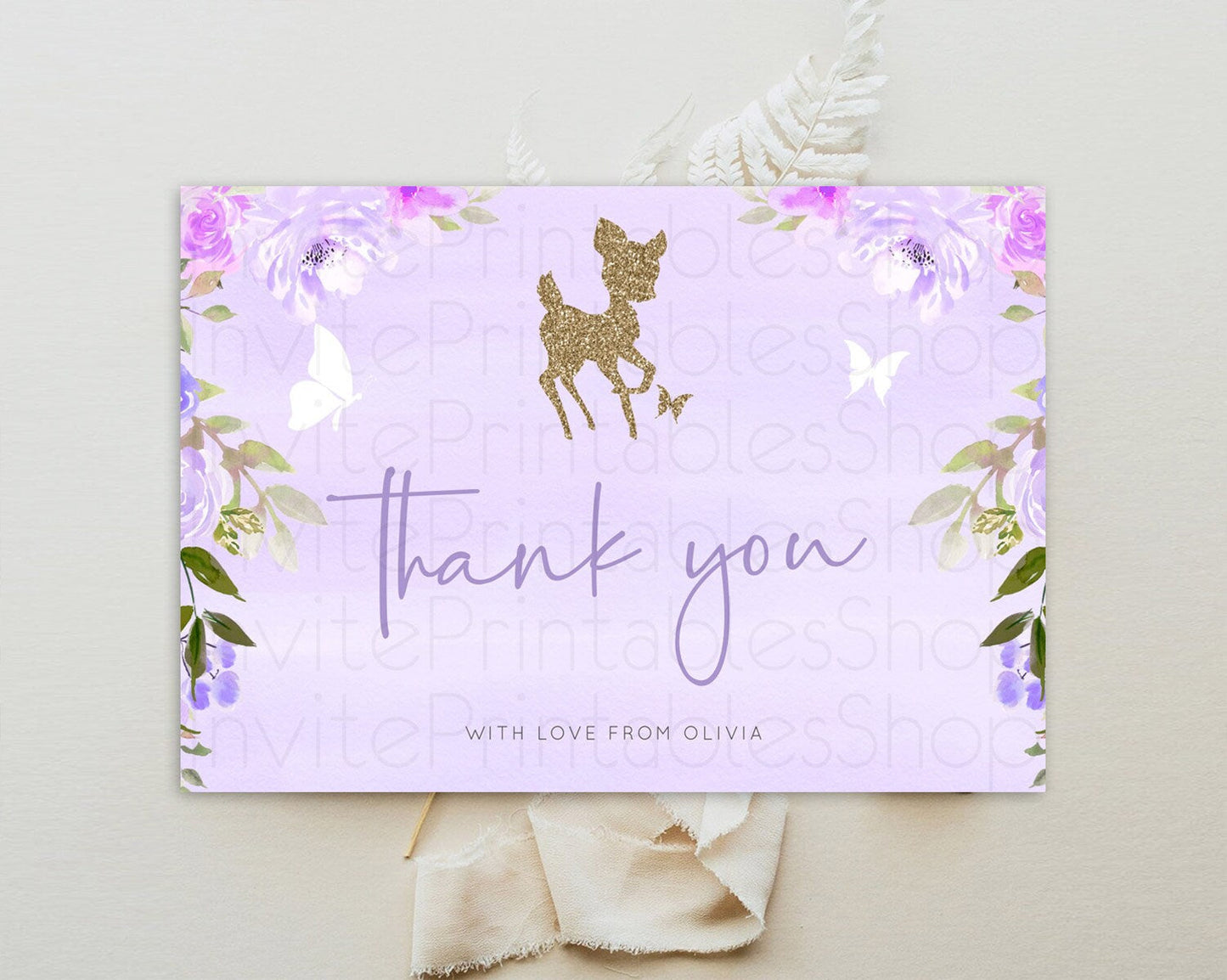 Fawn Thank You Deer Thank You Card Pastel Floral Deer Birthday Thank You Card Enchanted Forest Butterfly Deer Teacher Thank You Card D10963