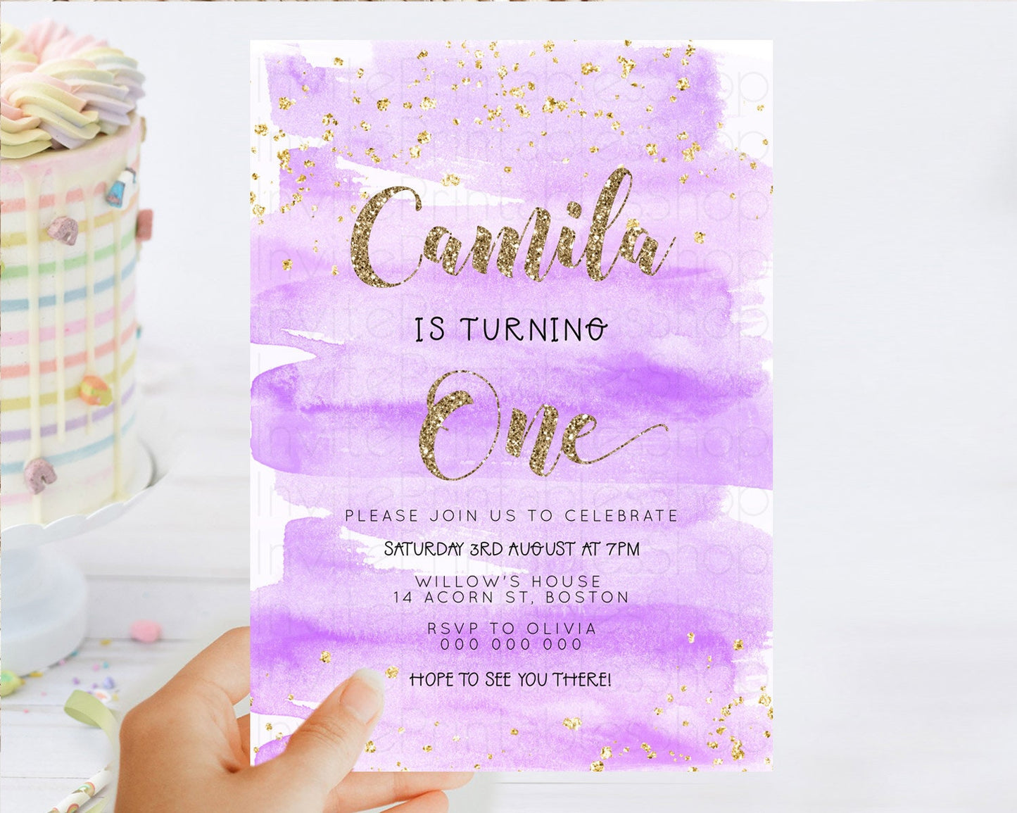 Purple Birthday Invitation Purple Watercolor Invite Pastel Purple Watercolor Invitation Purple Splash Gold Invitation First Birthday D23280