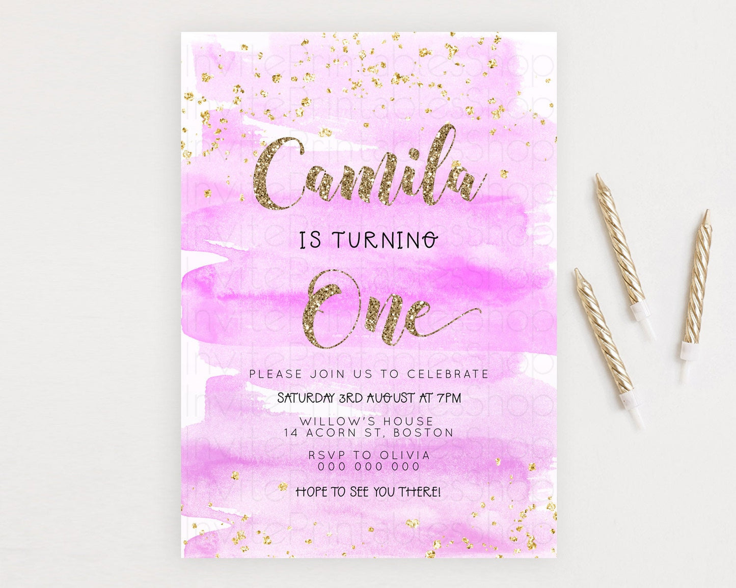 Pink Birthday Invitation pink Watercolor Invitation Pastel pink Watercolor Invitation pink Splash Gold Invitation 1st First Birthday D23279
