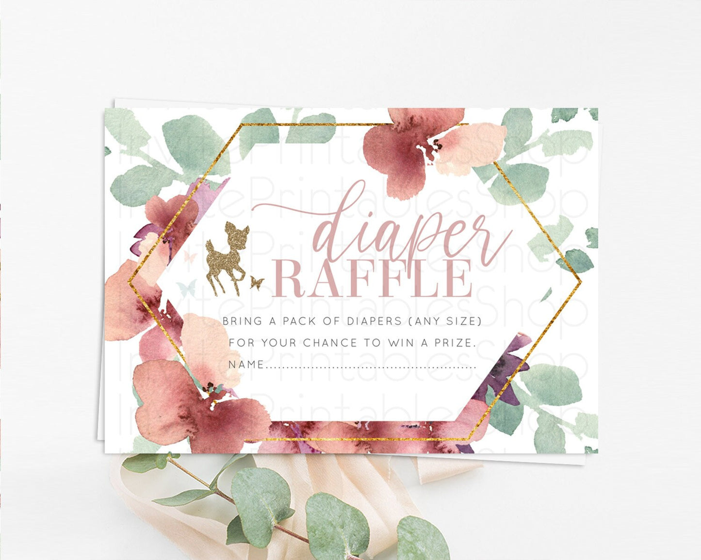 Fawn Diaper Raffle Card Deer Diaper Insert Floral Deer Diaper Ticket Enchanted Forest Butterfly Pastel Baby Shower Raffle Game D10459