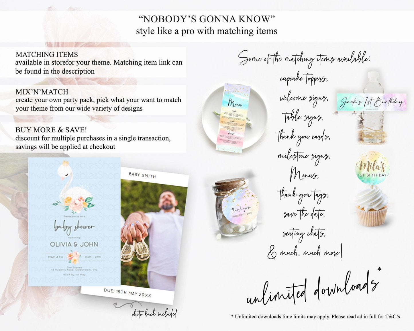 Swan Lake Baby Shower Invitation, Secret Garden, White Swan Princess Ballet, Watercolor Pink Green Floral, Butterflies, Soft Blue D10903
