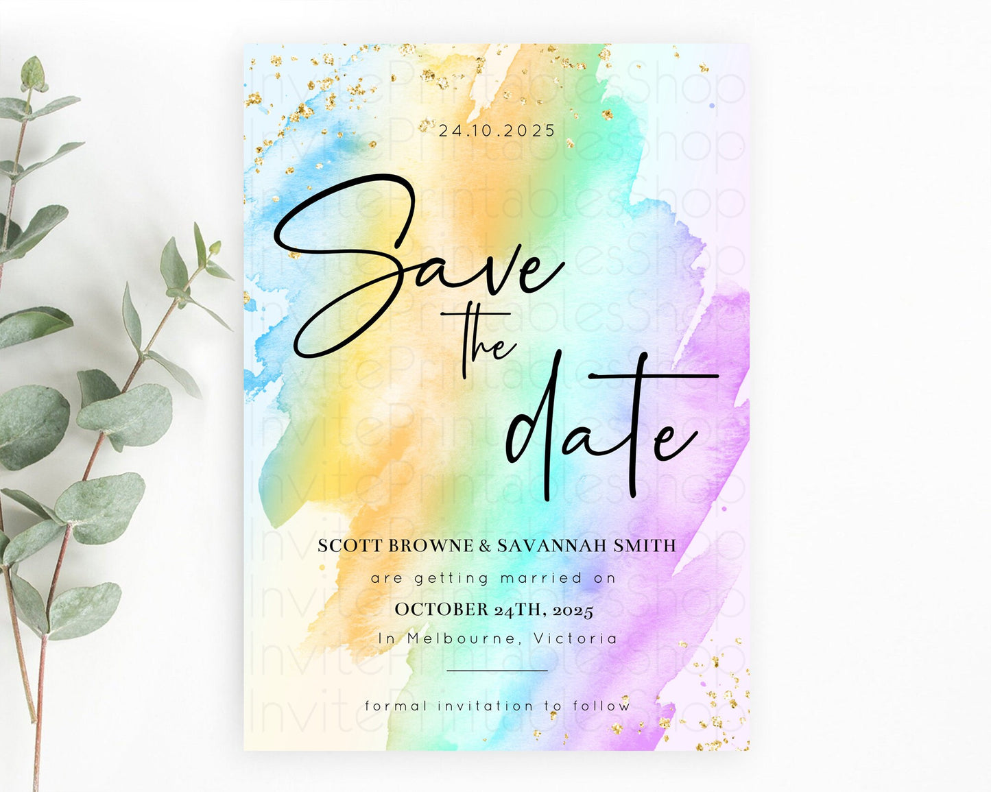 Pastel Save The Date Template Pastel Ombre Rainbow Watercolor Colorful Party For Birthday Baptism Baby Shower Wedding Bridal Shower D10427