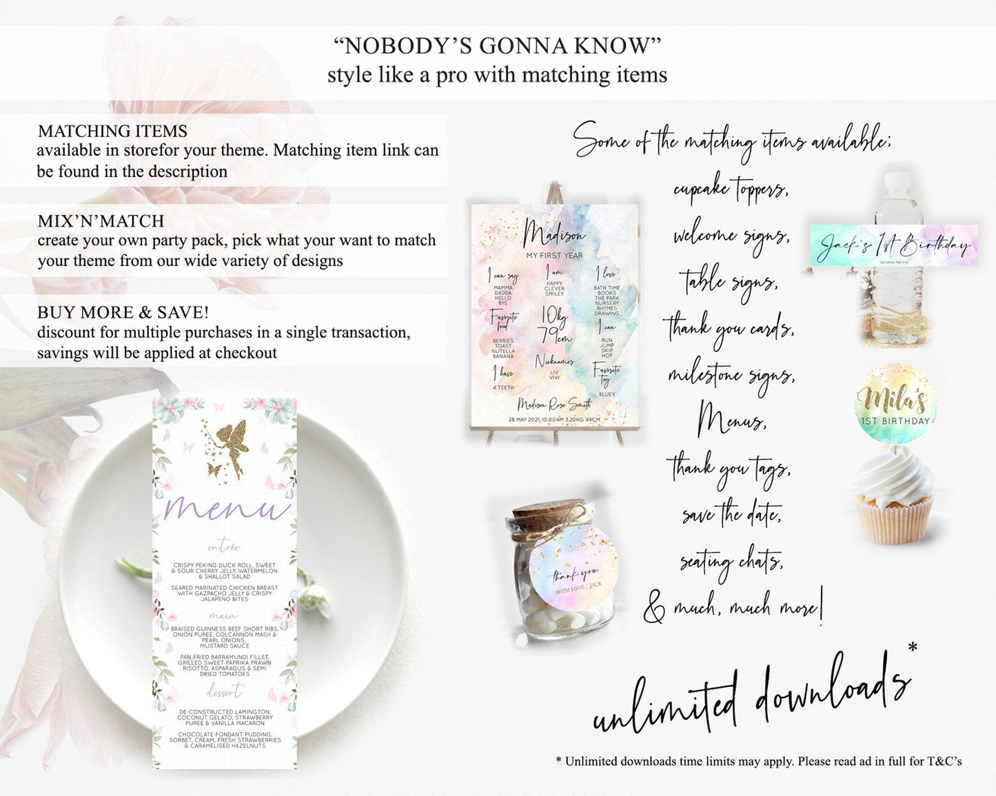 Fairy Menu Fairy Menu Template Enchanted Garden Pastel Floral Butterfly Table Decor Fairy Secret Garden Dinner Dessert Food Menu D10475