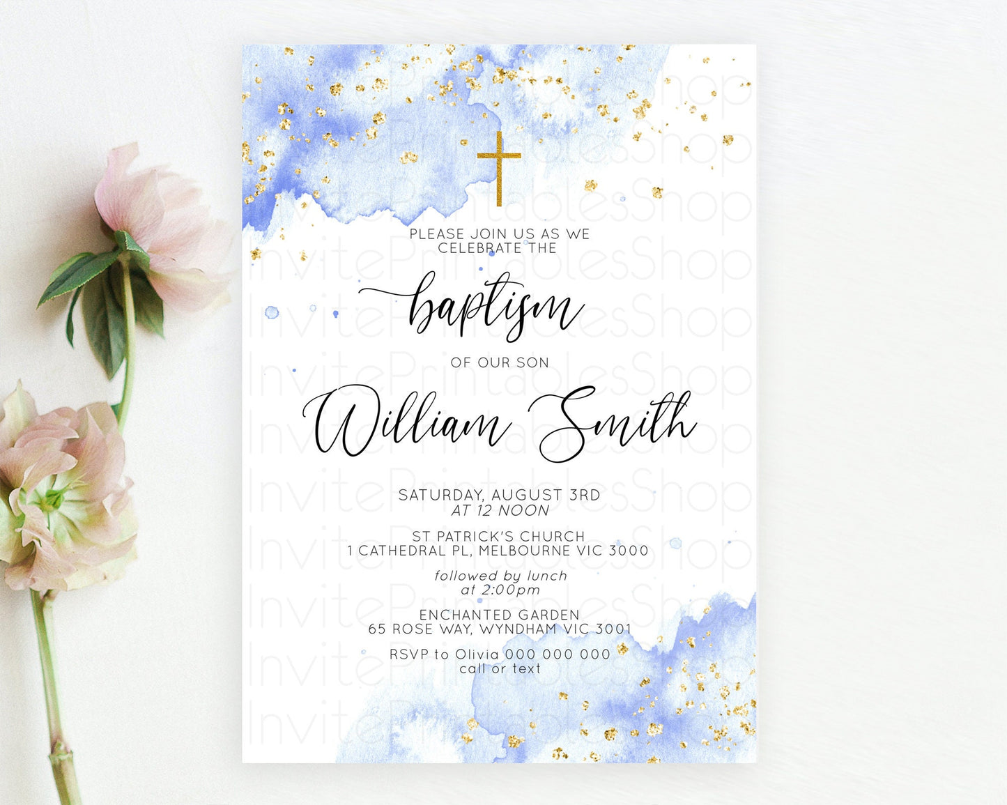 Blue Baptism Invitation Blue Watercolor Baptism 1st Birthday Invitation Pastel Blue Watercolor Christening Invite Blue Splash D10313