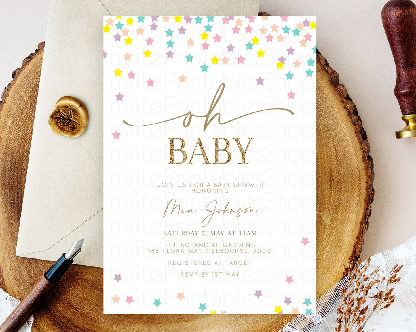 Twinkle Star Baby Shower Invitation Pastel Twinkle Star Invitation Rainbow Pastel Colorful Confetti Twinkle Little Star Baby Shower D10601