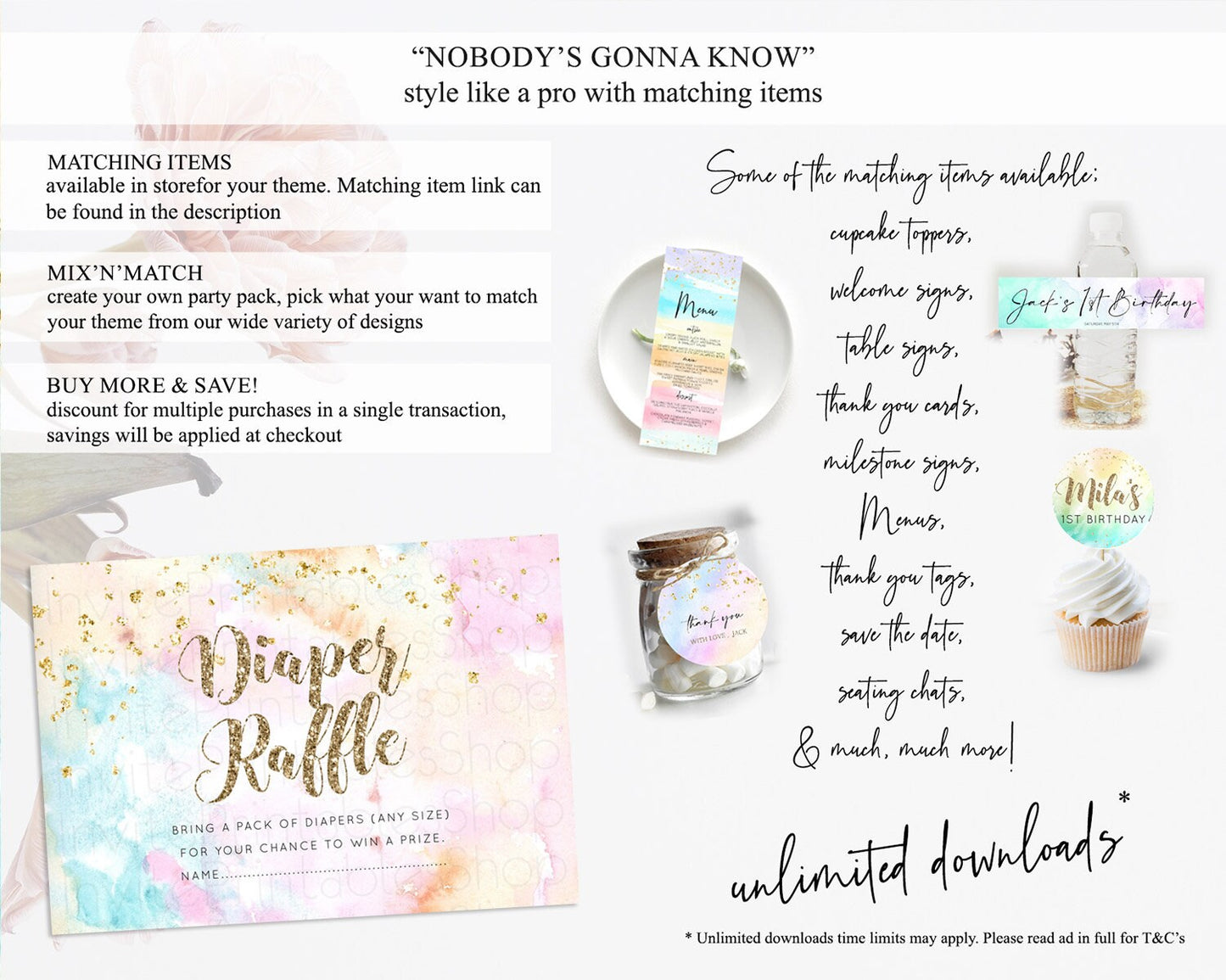 Pastel Diaper Raffle Card Pastel Rainbow Diaper Raffle Insert Colorful Ombre Watercolor Diaper Ticket Confetti Glitter Raffle Game D10548