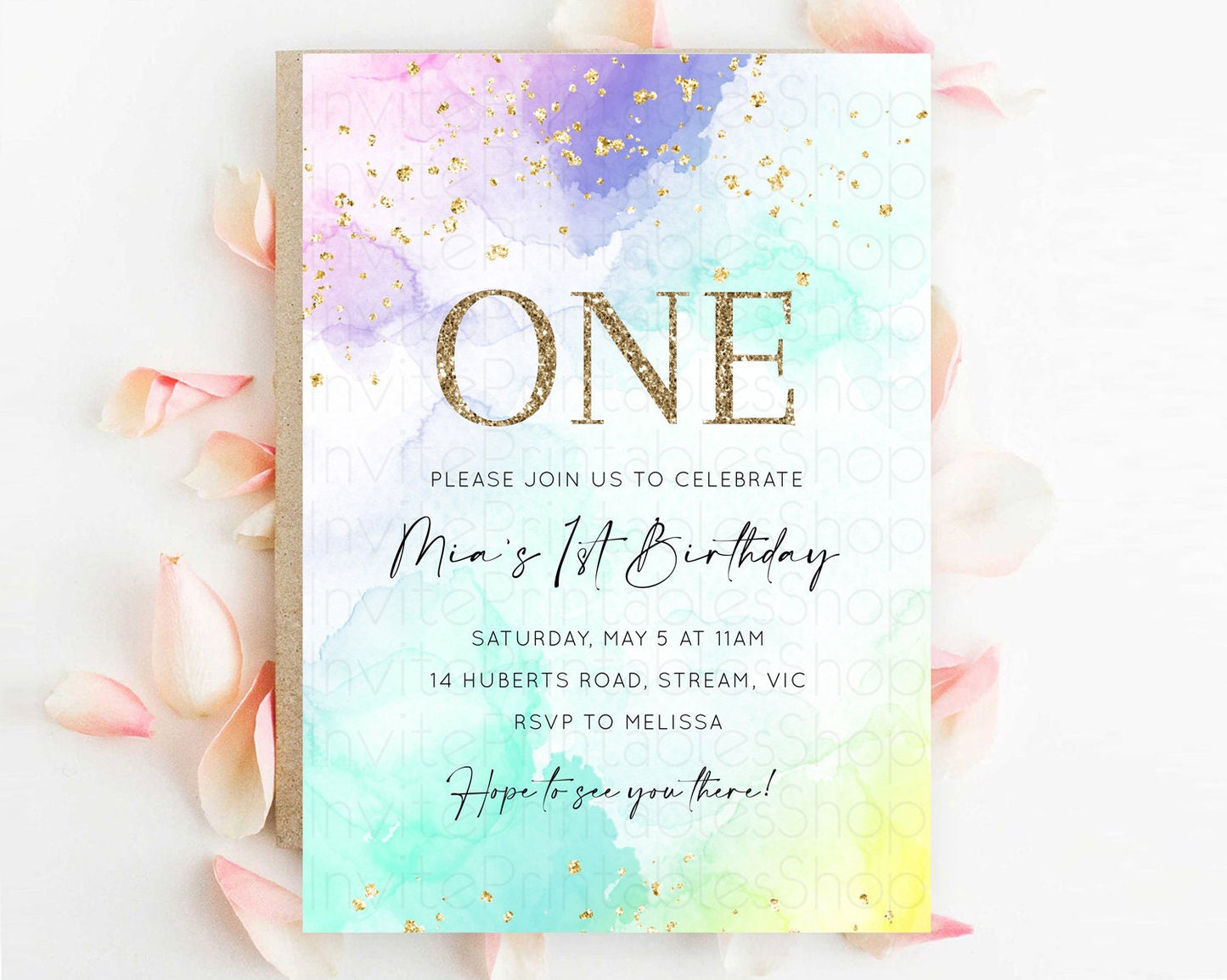 Rainbow Birthday Invitation Colorful Pastel Watercolor Invitation Gold Glitter Sprinkles Ombre Pastel 1st 2nd 3rd Birthday D10157