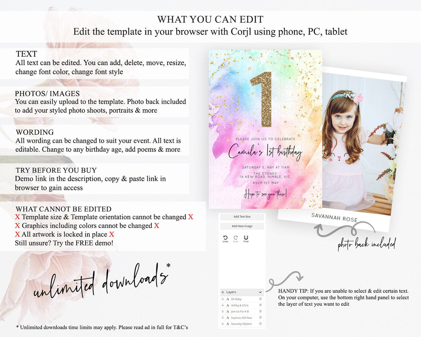 Rainbow Birthday Invitation Colorful Pastel Watercolor Invitation Gold Glitter Sprinkles Ombre Pastel 1st 2nd 3rd Birthday D10449