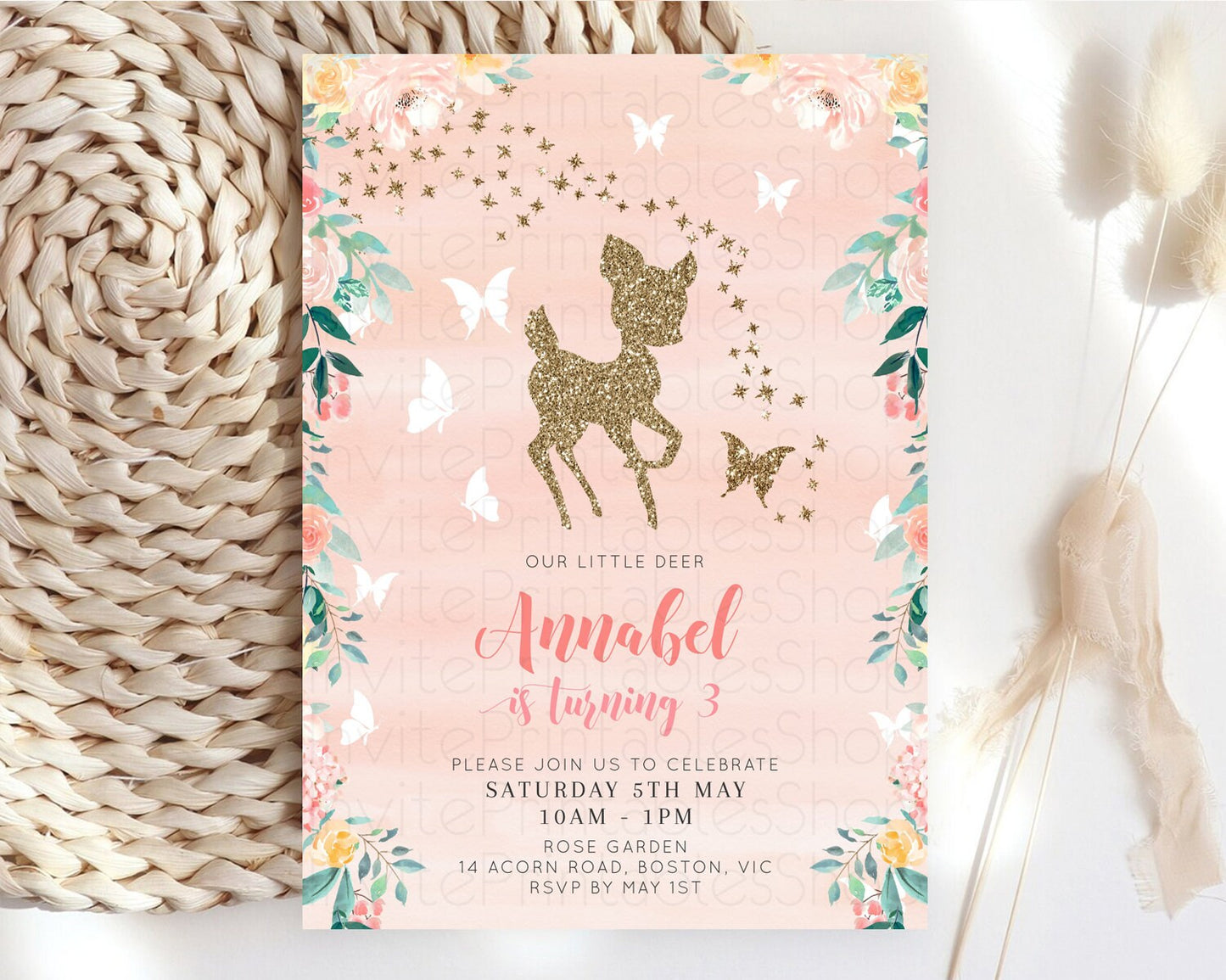 Fawn Birthday Invitation Deer Birthday Invitation Enchanted Forest Party Butterfly Pastel Flowers Whimsical 2nd 1st First Birthday D10873