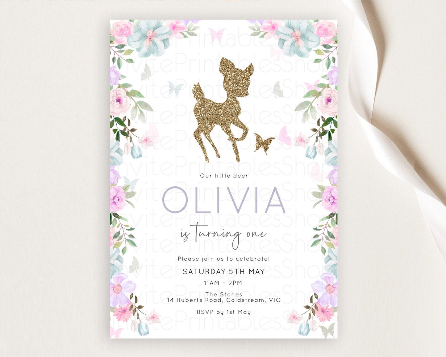 Fawn Birthday Invitation Deer Birthday Invitation Enchanted Forest Party Butterfly Pastel Flowers Whimsical 2nd 1st First Birthday D10476