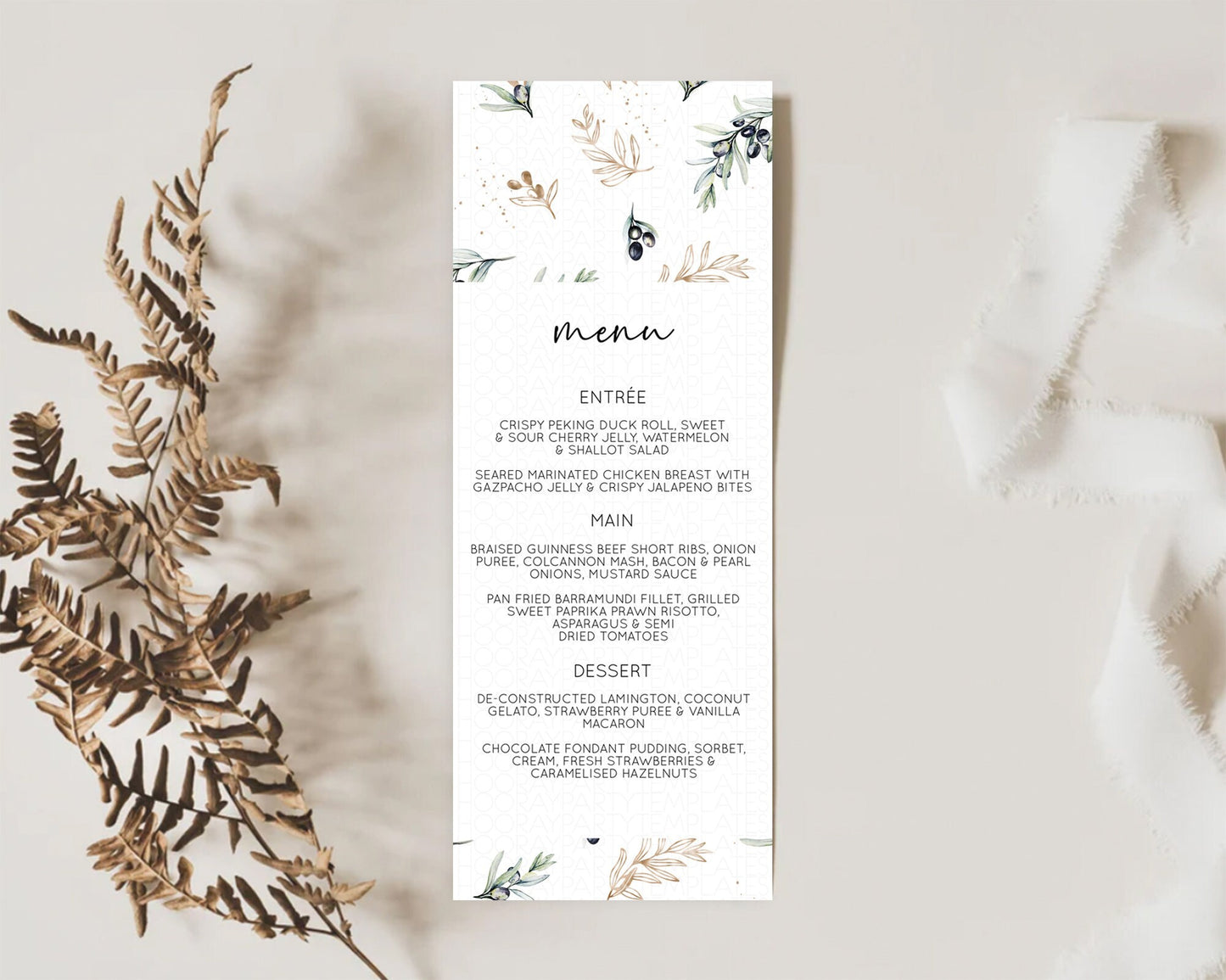 Leafy Menu Green Leaf Menu Template Eucalyptus Fern Leaves Decor Watercolor Boho Garden Leaf Branch Dinner Dessert Party Food Menu D11055