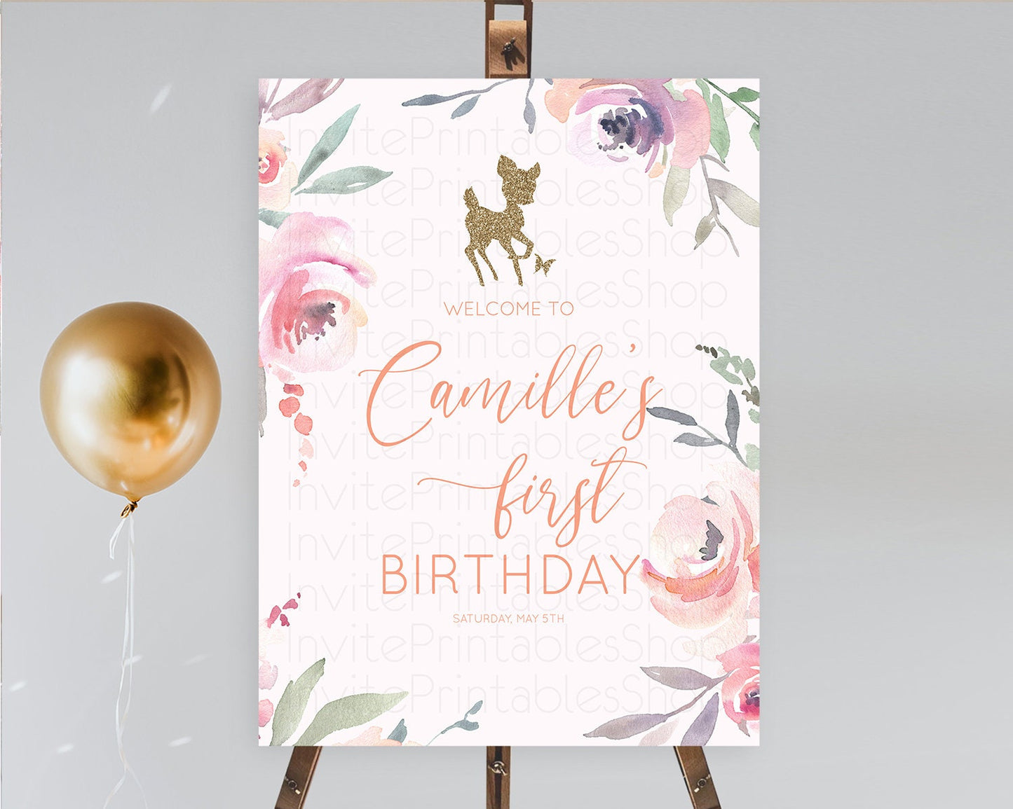 Fawn Welcome Sign Deer Welcome Board Floral Deer Welcome Poster Enchanted Forest Butterfly Pastel Floral First Birthday Welcome Sign D10196