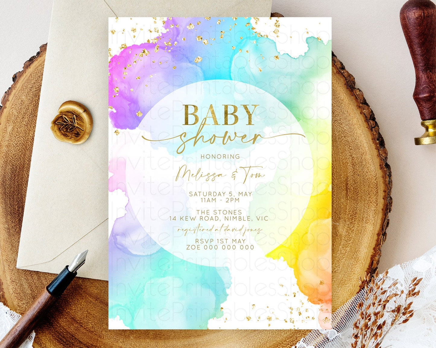 Pastel Baby Shower Invitation Rainbow Baby Shower Invitation Colorful Pastel Watercolor Invitation Gold Glitter Sprinkles Ombre D10213