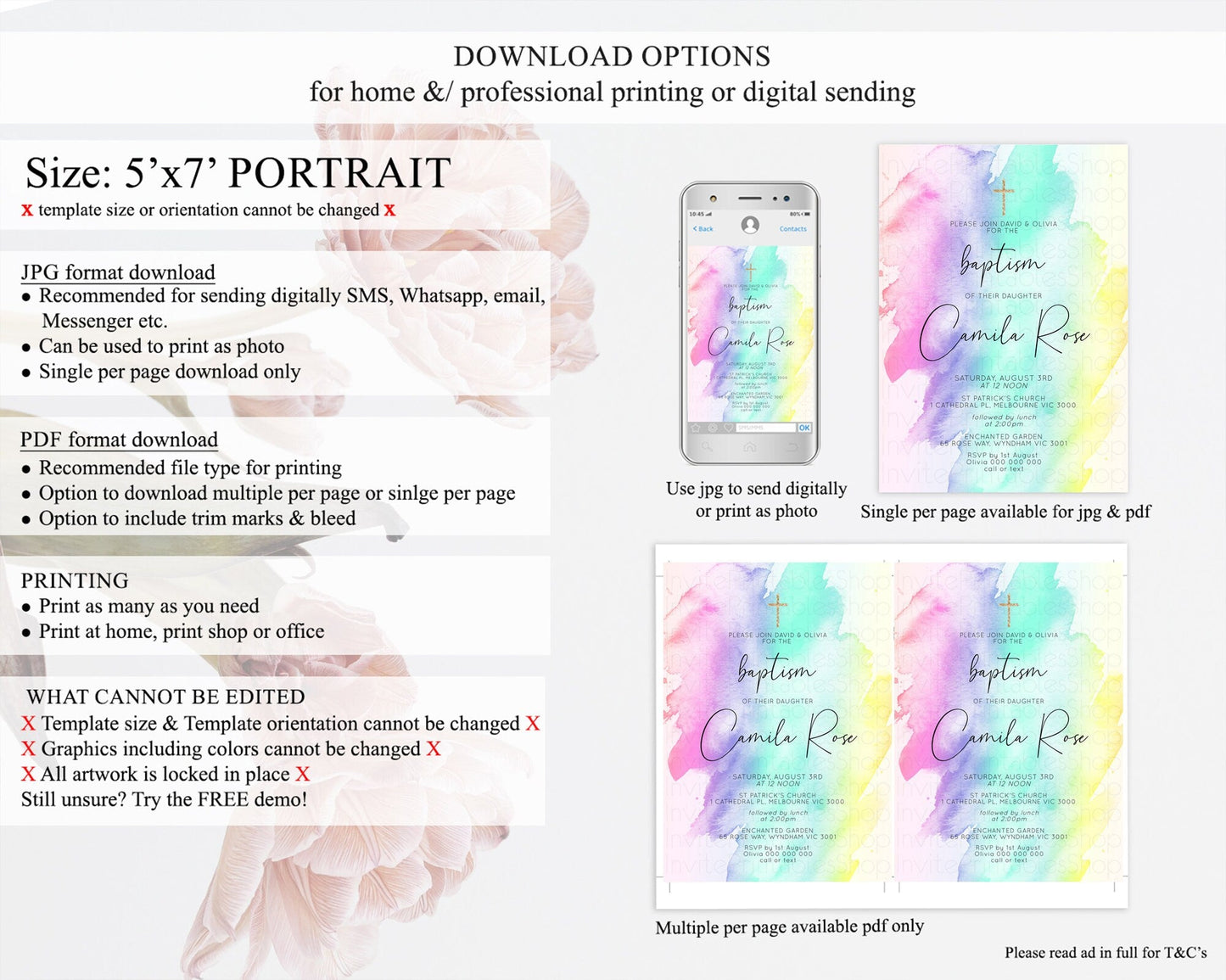 Pastel Baptism Invitation Pastel Colors Watercolor Baptism 1st Birthday Party Gold Ombre Pastel Rainbow Christening Holy Communion D10231