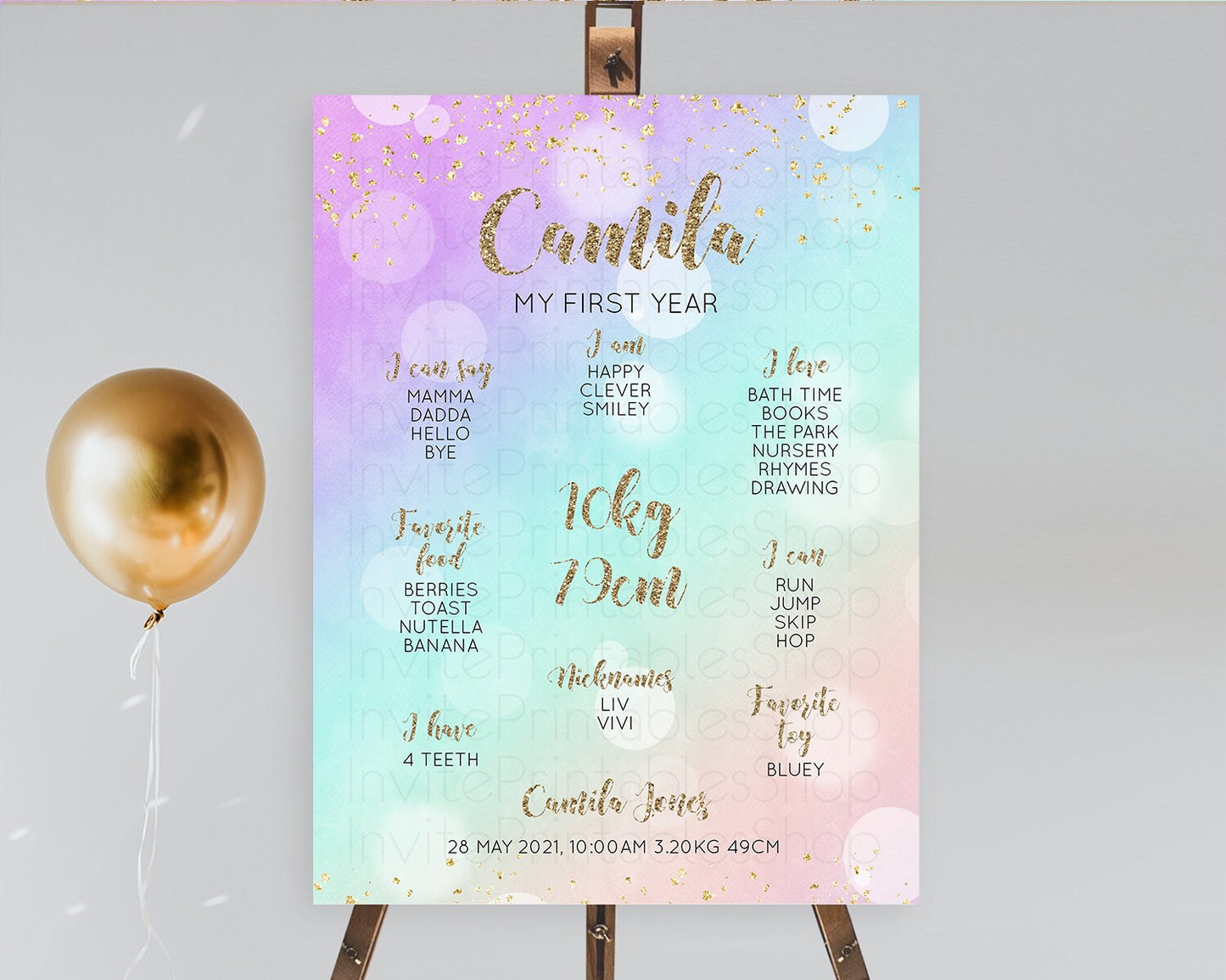 Pastel First Birthday Milestone Board Pastel Rainbow Milestone Poster Colorful Confetti Watercolor Glitter 1st Birthday Welcome Sign D10621