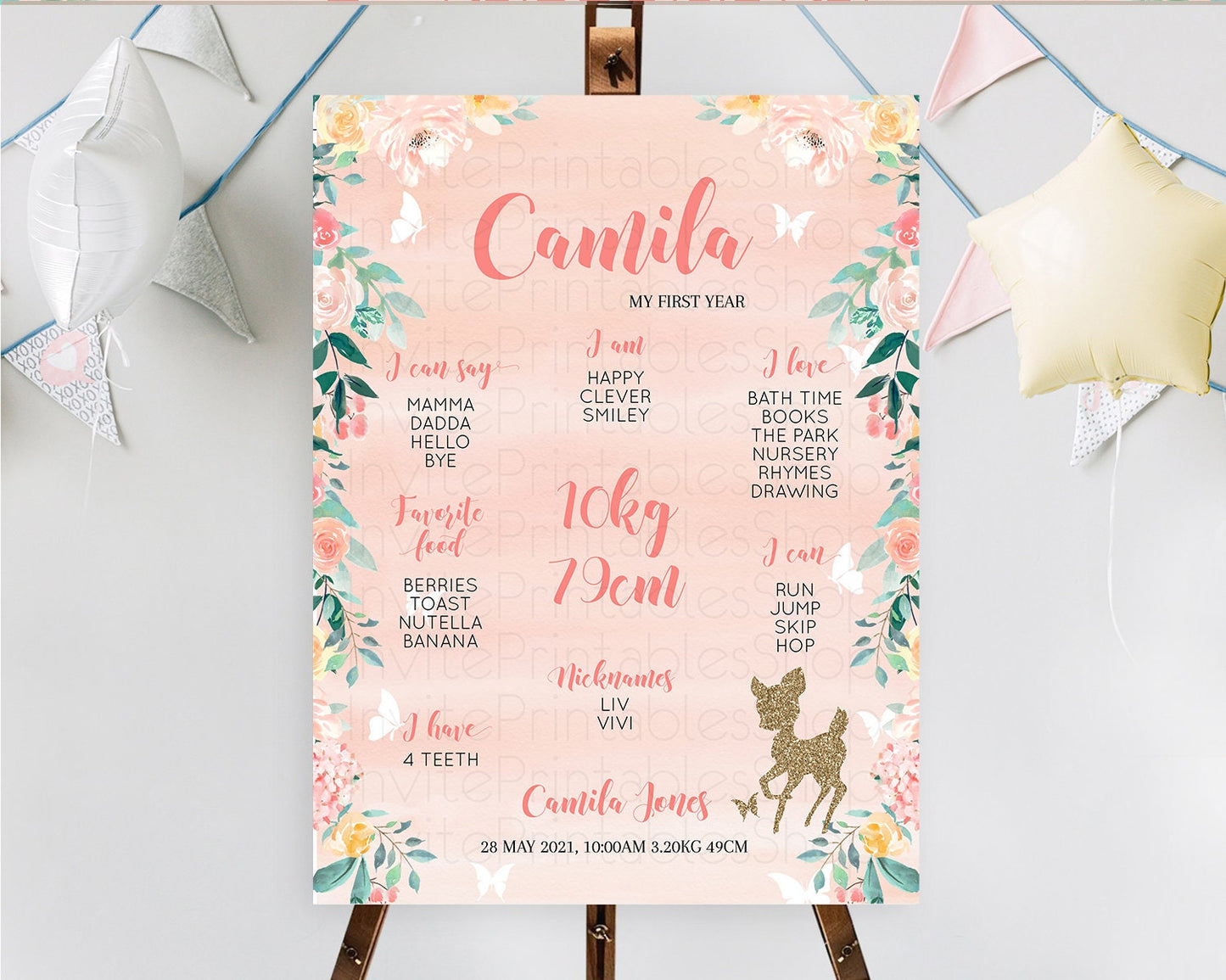 Fawn First Birthday Milestone Board Deer First Birthday Milestone Poster Enchanted Forest Butterfly Pastel Flowers 1st Birthday Sign D10873