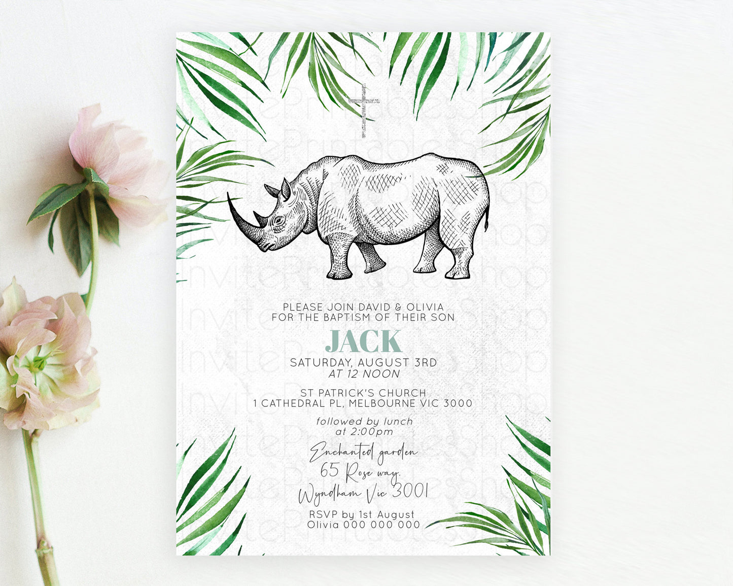 Rhino Baptism Invitation Rhino Baptism 1st Birthday Invitation Rhino Safari Adventure Christening Invitation Palm Leaf Invite Zoo D10848