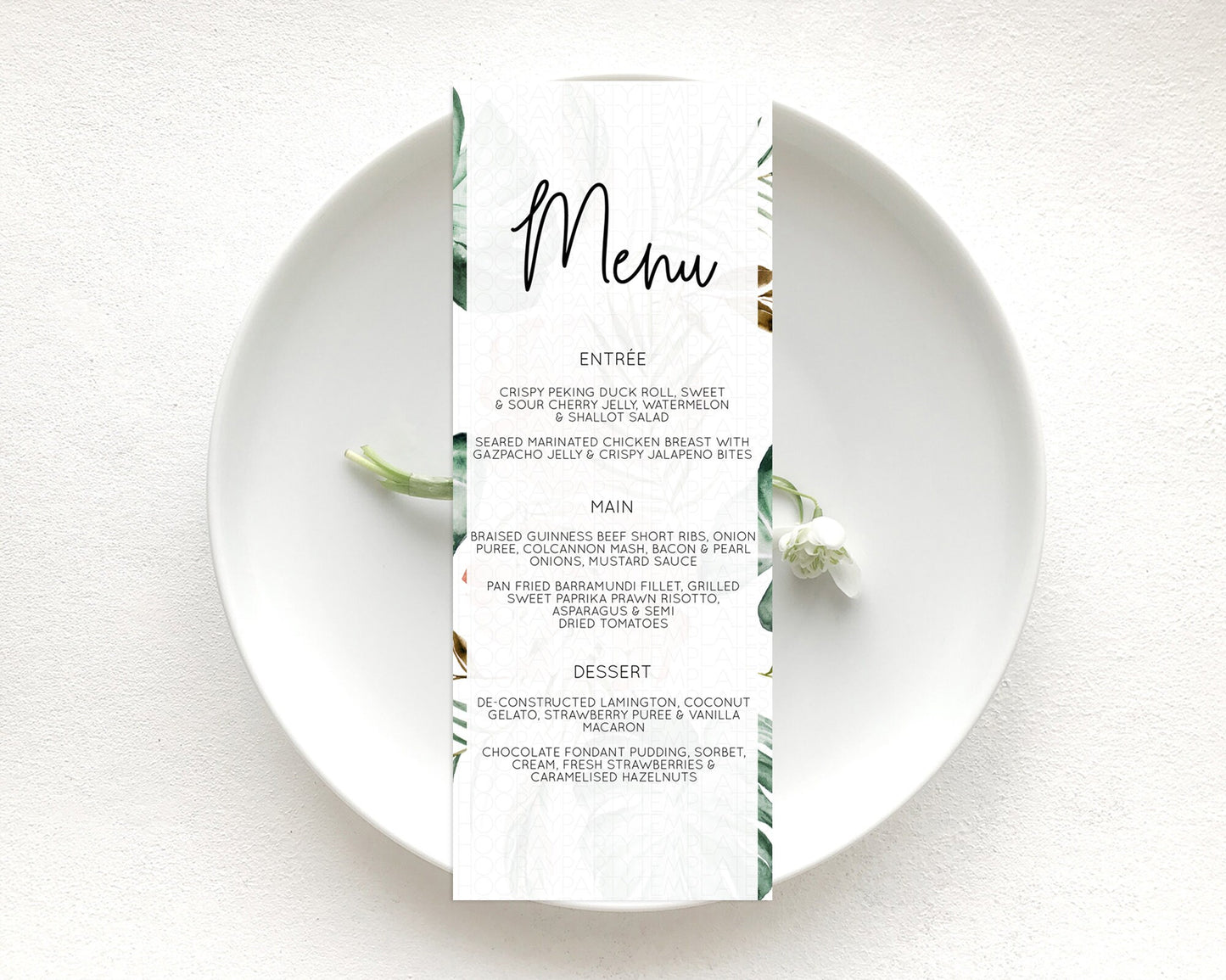 Tropical Menu Template Tropical Menu Palm Leaf Fern Table Decor Frangipani Floral White Orchid Dinner Dessert Menu Party Food Menu D11053