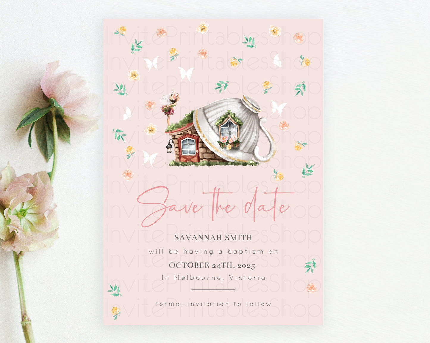 Fairy Save The Date Template Enchanted Garden Pastel Floral Butterfly Party Secret Garden Birthday Baptism Baby Shower Bridal Shower D10384