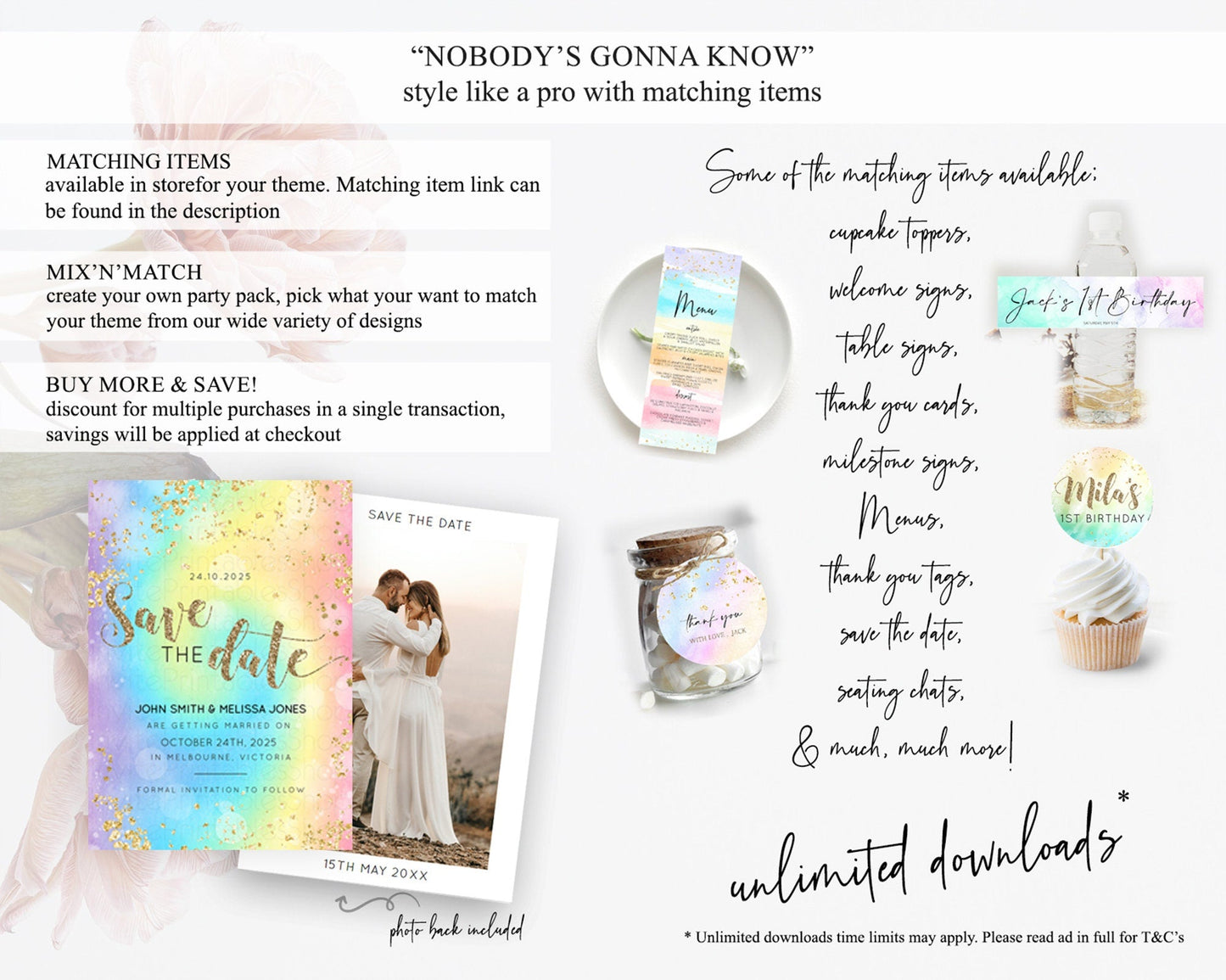 Tie Dye Save The Date Template Rainbow Pastel Ombre Watercolor Party For 1st Birthday Baptism Baby Shower Bridal Shower Wedding D10568