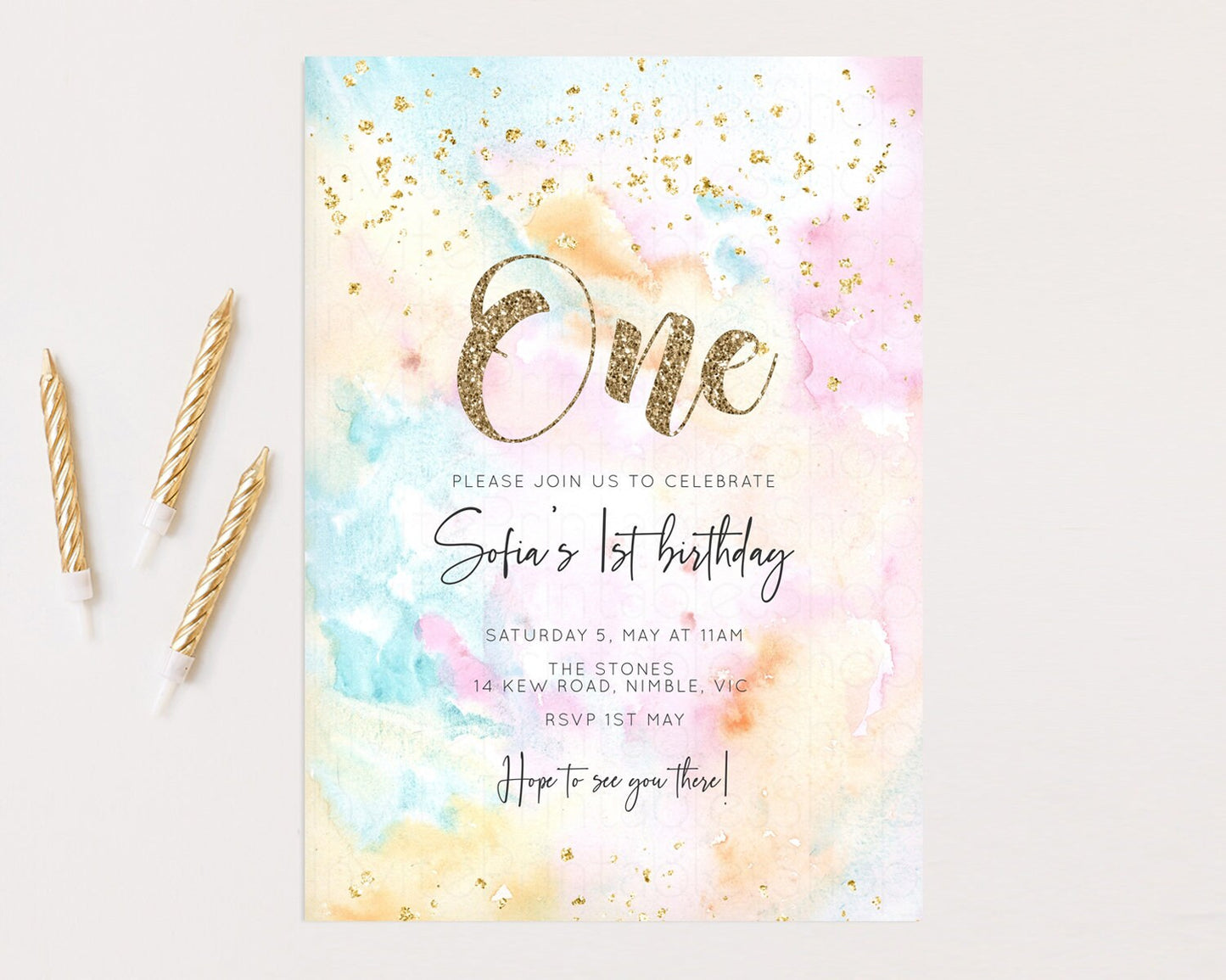 Rainbow Birthday Invitation Glitter Pastel Invitation Colorful Watercolor Gold Foil Splatter Sprinkles Ombre Glitter Invite 1st 2nd 3rd G566