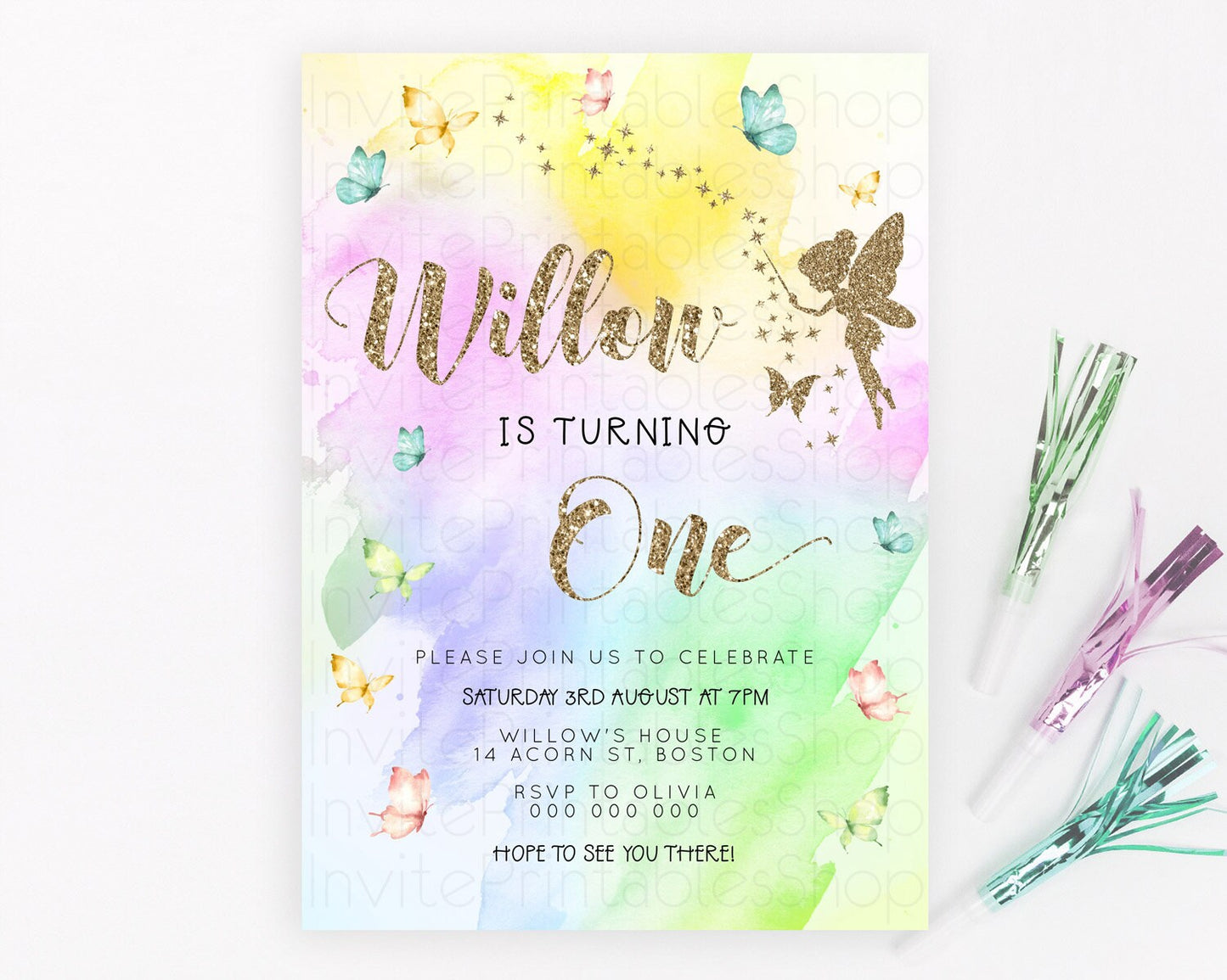 Pastel Fairy Birthday Invitation Pastel Butterflies Fairy Birthday Invitation Rainbow Ombre Watercolor 1st 2nd Birthday Invitation D23352