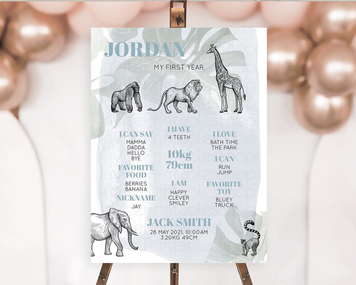 Safari First Birthday Milestone Poster Lion Gorilla Elephant Rhino Tropical Palm Jungle Zoo Party Animal 1st Birthday Welcome Sign D10821